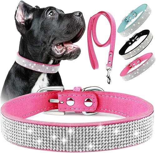Collar de perro con diamantes de imitación con correa, collar de perro brillante de Epesiri Bling, lindo collar de perro rosa, collar de diamantes