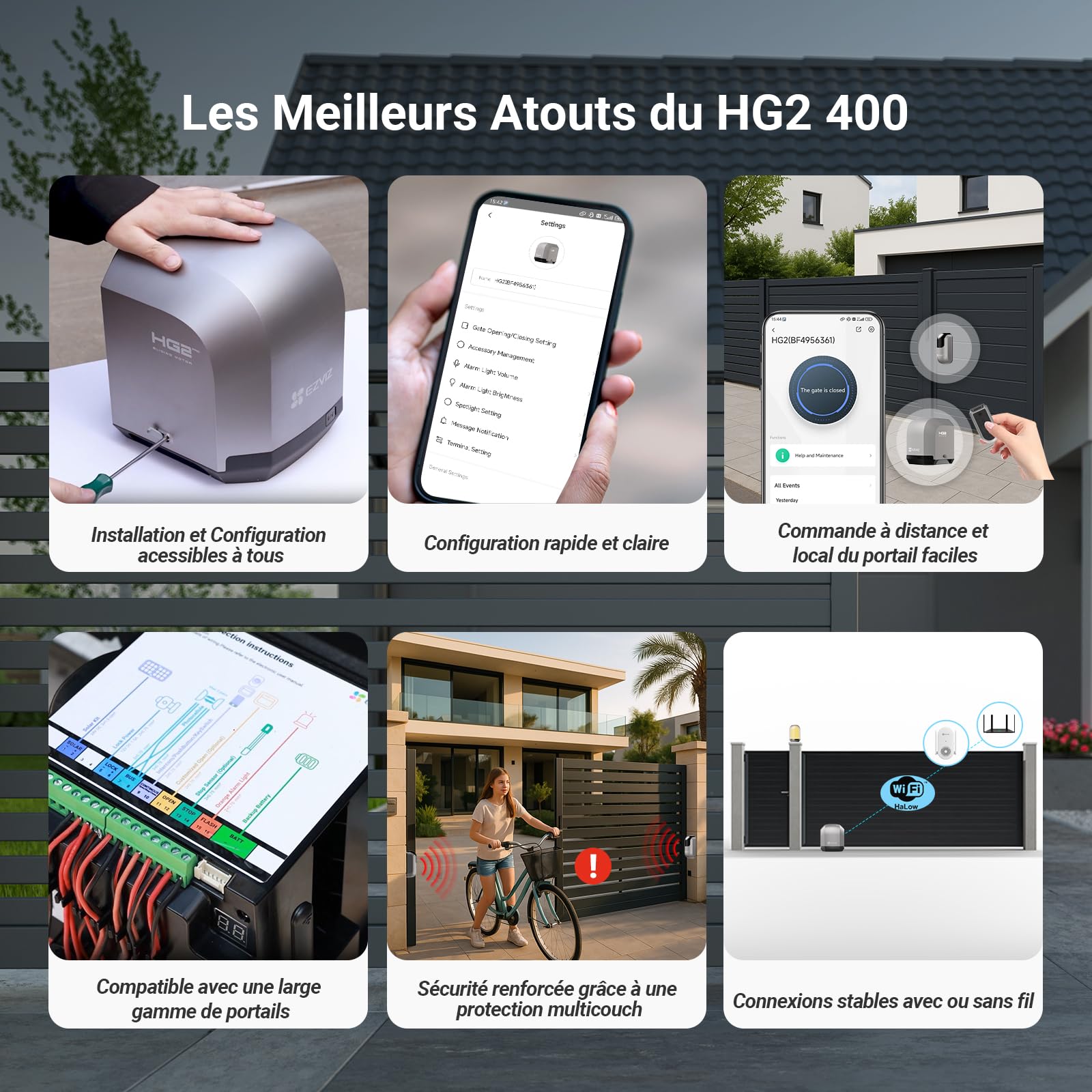 EZVIZ Moteur Portail Coulissant 400 kg Ouvre Portail Auto HG2 400 | Vantaux Max 6m, Sécurité avec Détection d'Obstacles,Batterie de Secours,Télécommandes&Contrôle APP, Facile à Installer