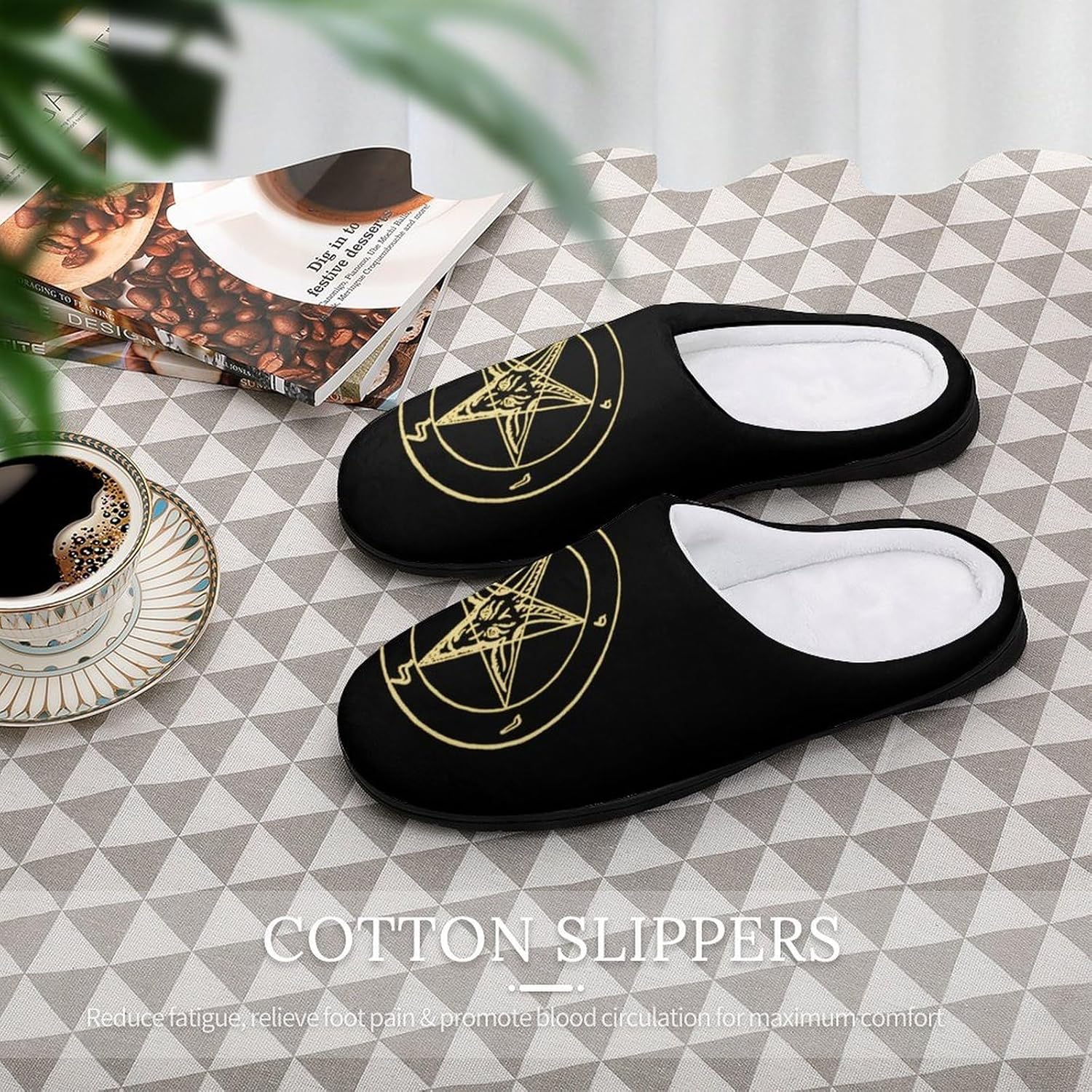 Gold Baphomet Inverted Pentacle Pewter Satanic Goat Women's House Slippers Memory Foam Warm Shoes Spa Rubber Sole Indoor Outdoor