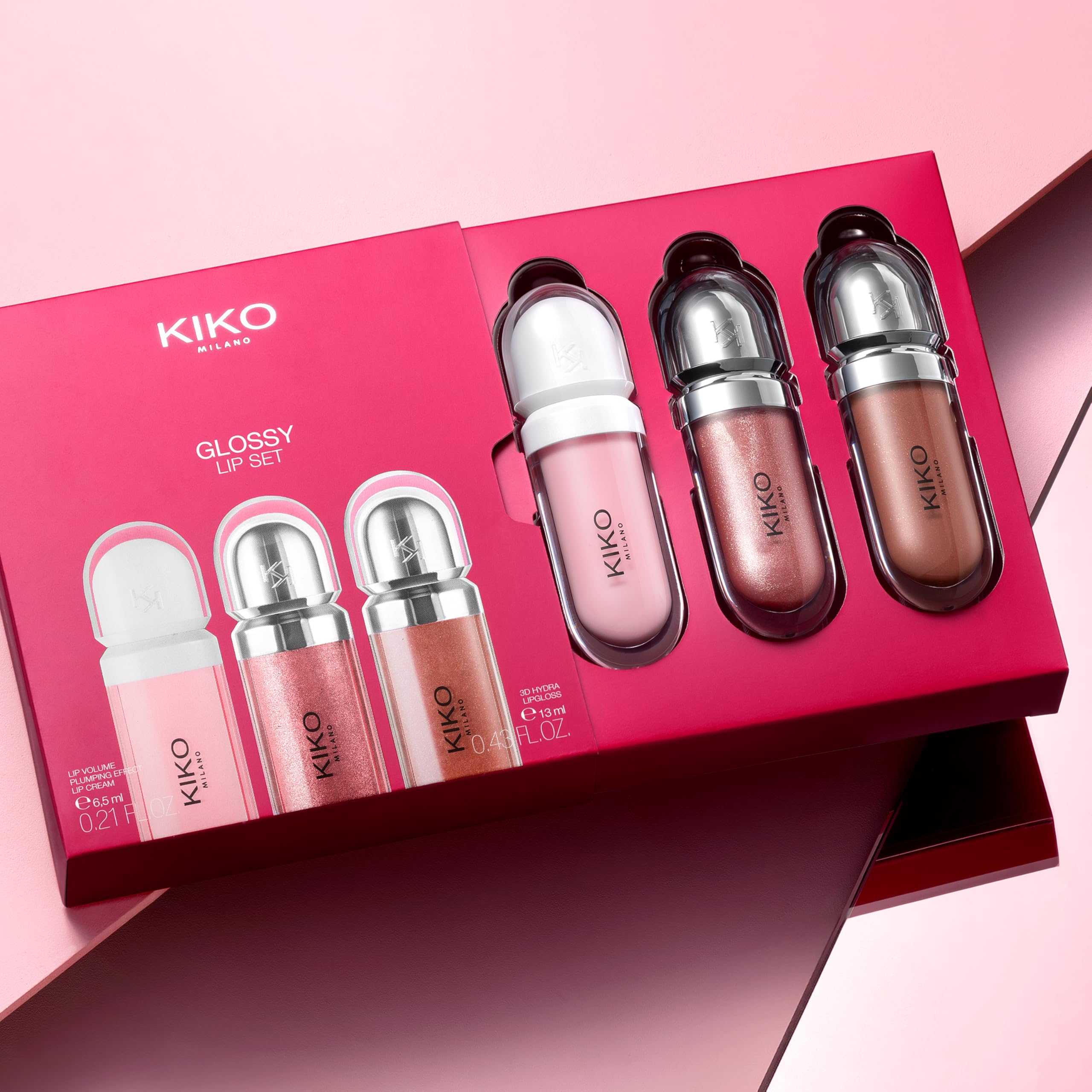KIKO Milano Glossy Lip Set, Set Makeup: 2 Lucidalabbra Idratanti E 1 Crema Labbra Perfezionatrice