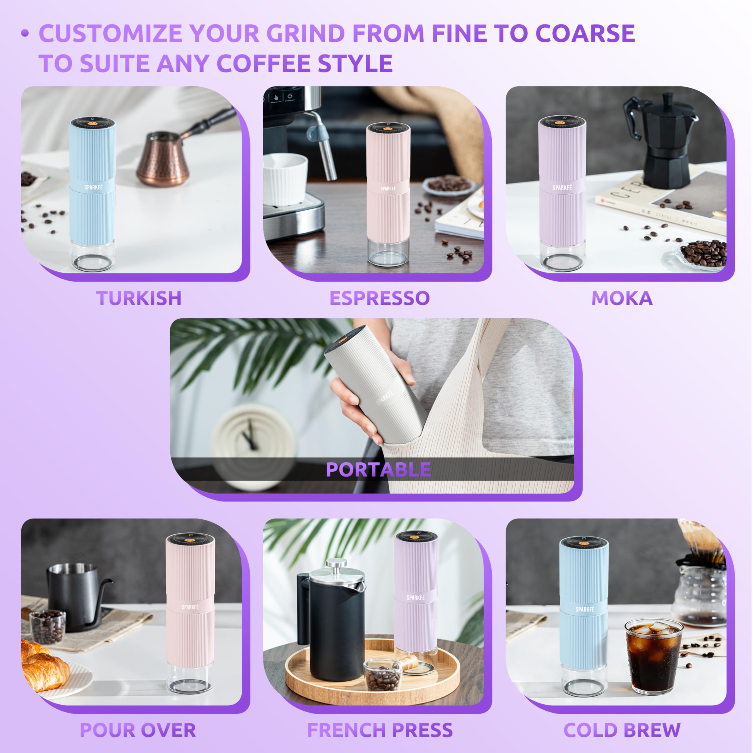 Molinillo de café eléctrico portátil, molinillo de mano recargable con rebaba cónica de acero inoxidable, ajustes de molienda ajustables, para espresso, moka, vertido, prensa francesa, infusión fría
