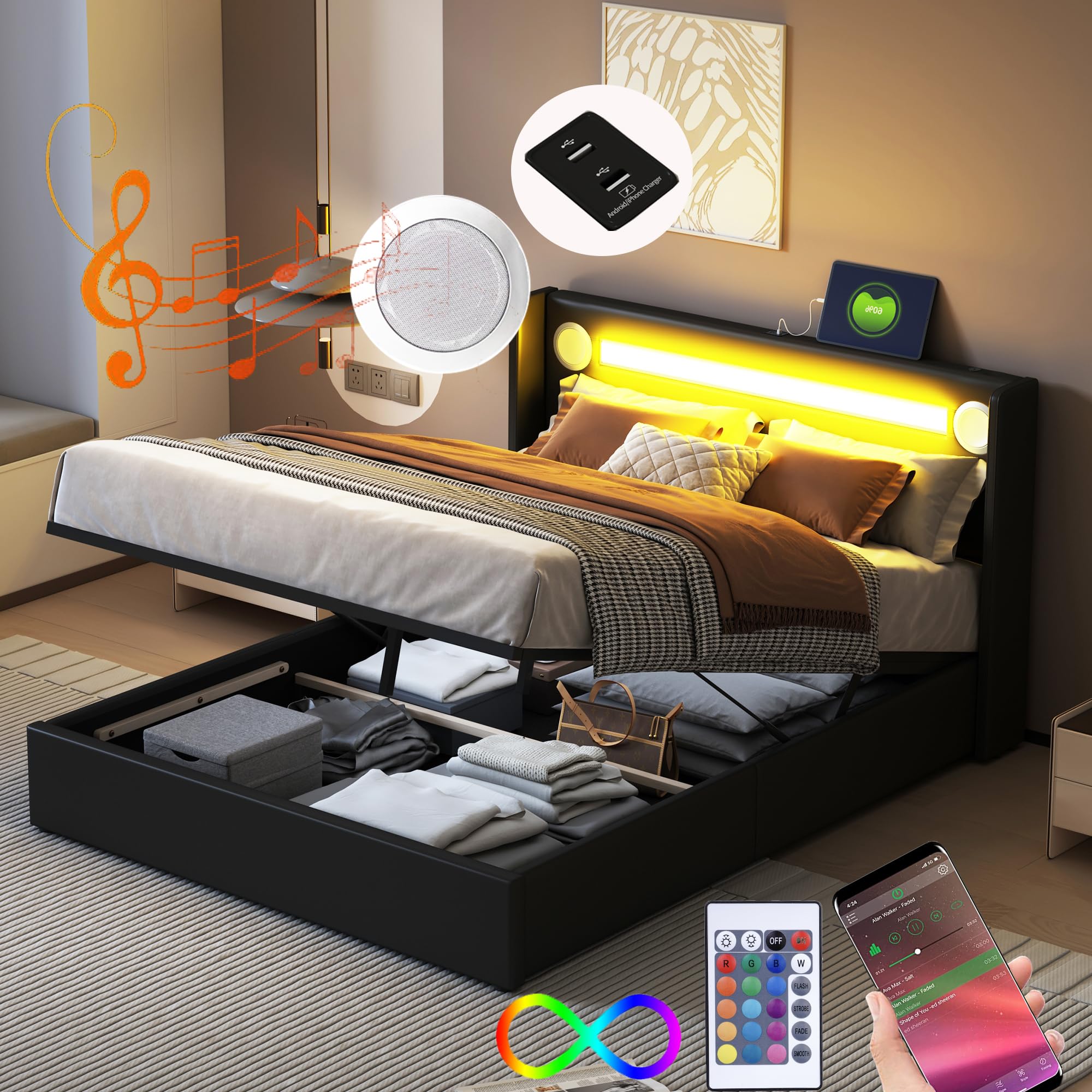 Letto Contenitore 140x200cm In Velluto - Con LED, USB, Testiera Imbottita E Rete A Doghe