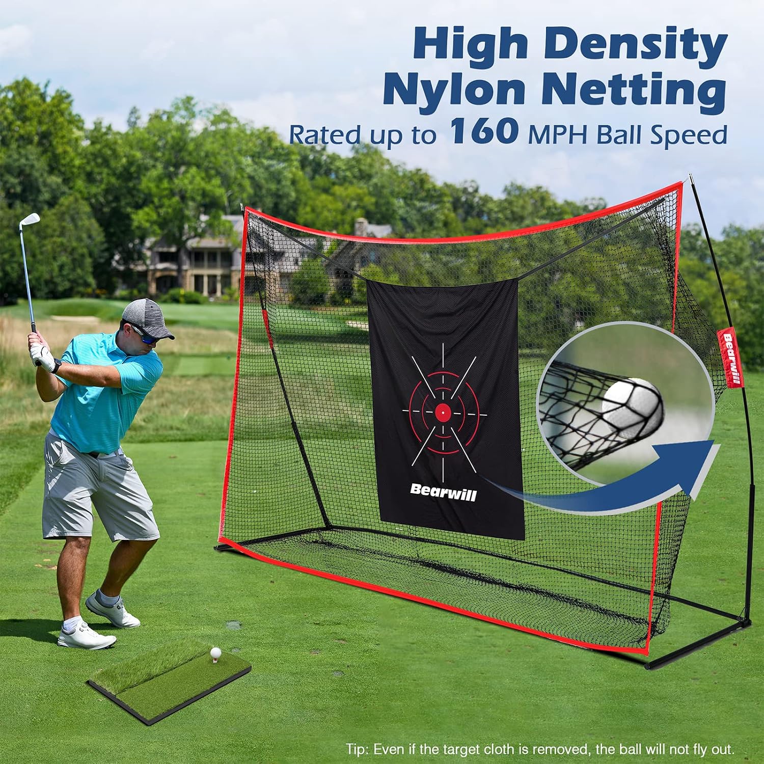 Bearwill Golf Net, 10x7ft Heavy Duty Golf Practice Net with Golf Mat, Target Cloth, 8 Golf Tees, 6 Golf Balls, Carry Bag, Golf Training Net for Backyard Driving Chipping Indoor Outdoor Training