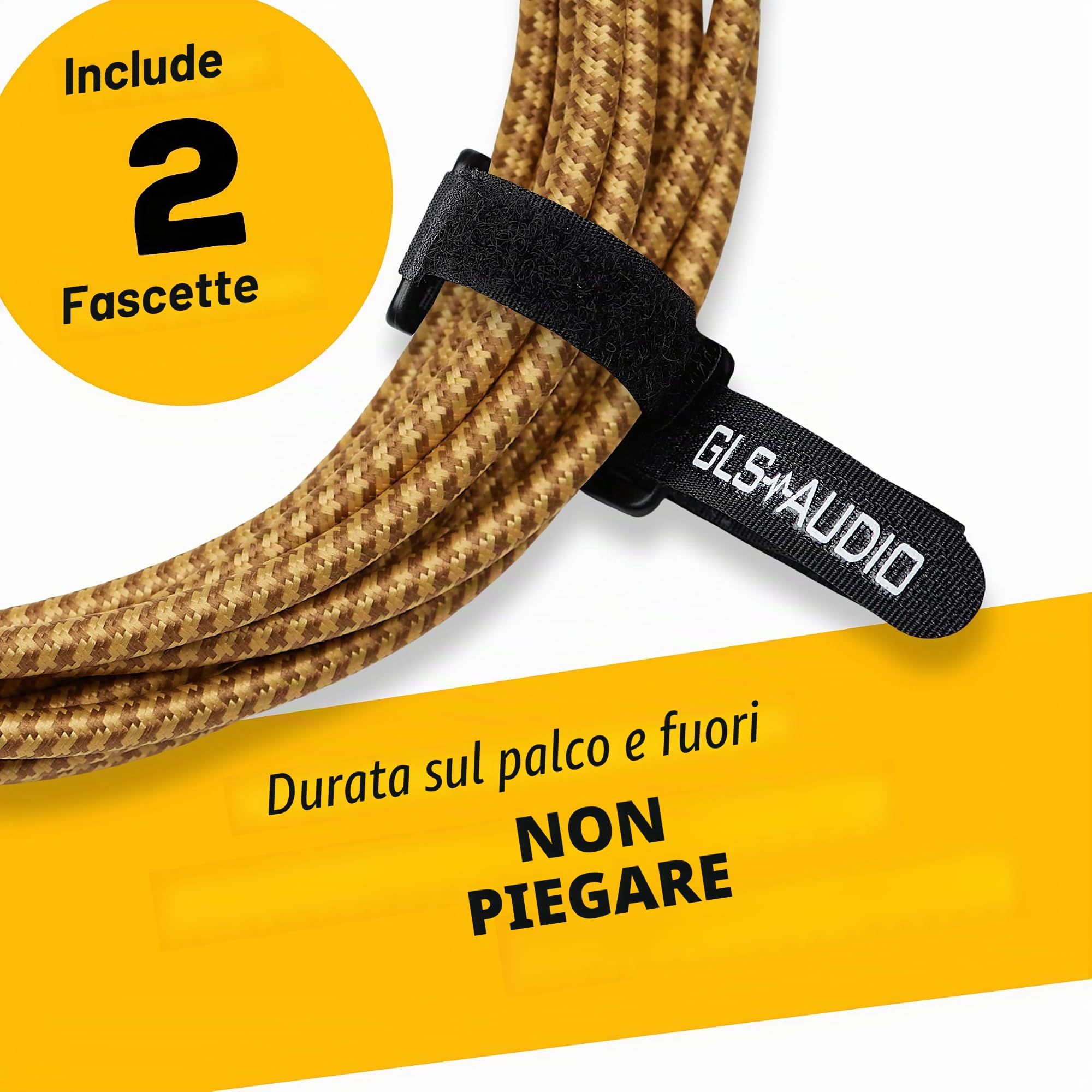 GLS Audio Cavo per strumenti - Cavo amplificatore per basso e chitarra elettrica, cavo dritto ad angolo retto da 1/4", in tweed intrecciato marrone/giallo, 6,1 m