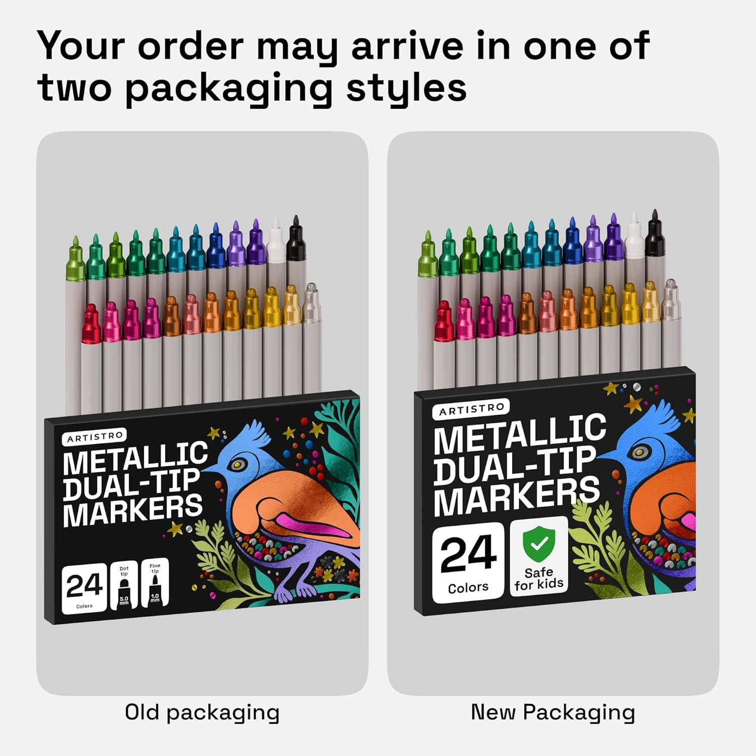 ARTISTRO 24 Metallic Acrylic Paint Markers for Rock, Fabric, Wood, Glass, Decoration - Dual-Tip Paint Pens for Coloring Books for Adults, Teens, Kids - Art and Craft Supplies Kit - Gift Idea - Image 9