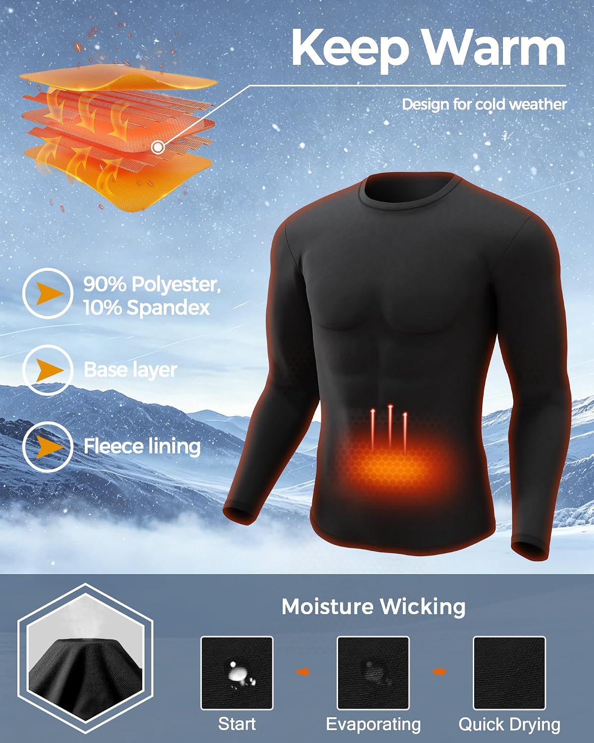 4 or 2 Pack Men's Thermal Shirt Long Sleeve Fleece Lined Tops Base Layer