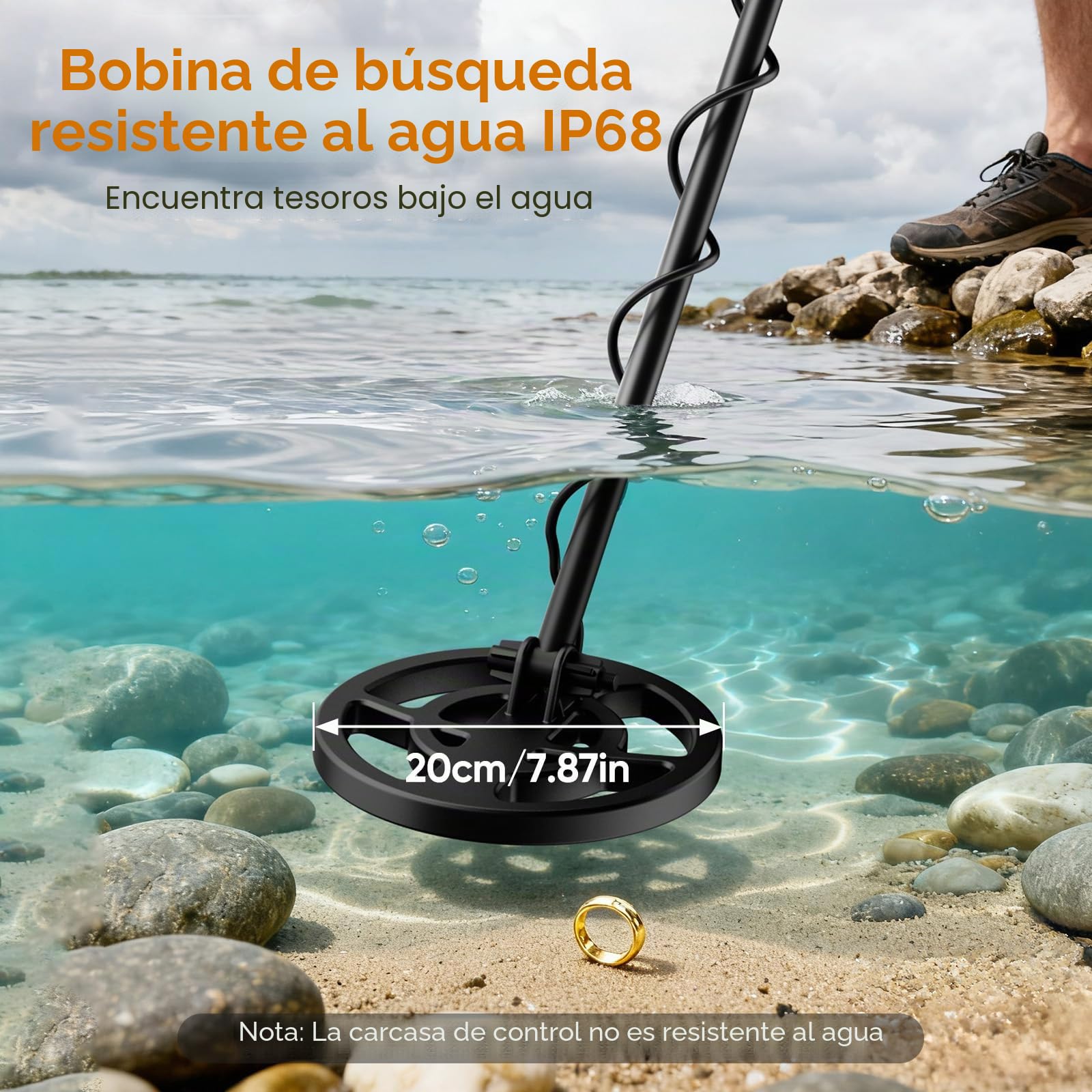 Detector de Metales de Alta Precisión, Detector de Metales Impermeable Detector Oro Ajustable 94-122 cm con Bobina de Detección 18cm, Apto para Niños y Adultos (Detector Azul)