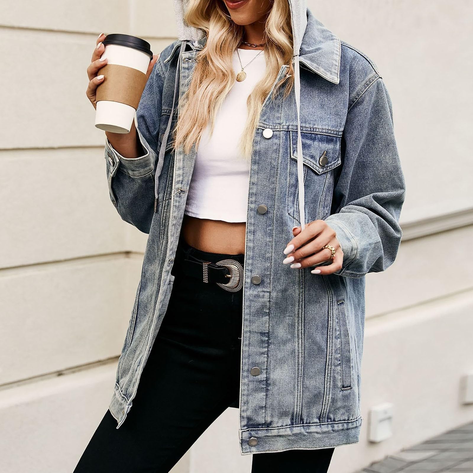 Generisch Chaqueta vaquera para mujer, con forro de gran tamaño, chaqueta vaquera larga con capucha, chaqueta vaquera cálida de invierno, chaqueta acolchada de manga larga con botones y bolsillos
