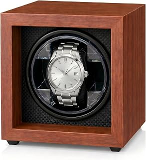 Automatic Single Watch Winder Box for Rolex and Other Watches, Handcrafted Wood Display Case, Self Winding Watch Winder Box with Quiet Motor, Carbon Fiber Interior & Soft Watch Pillow – Walnut Finish