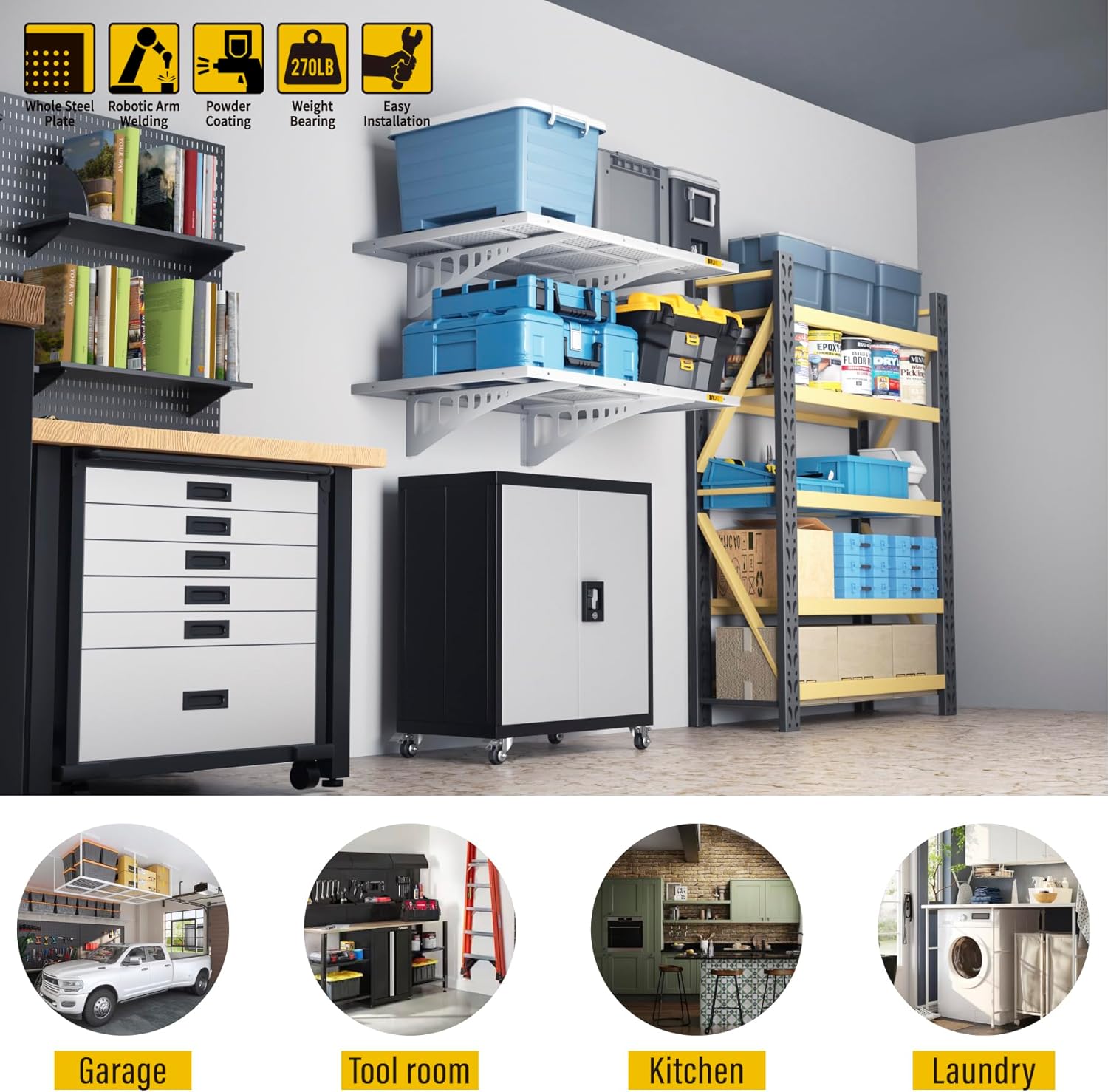 Brukid 2Pack 2x3ft Adjustable Metal Garage Wall Shelving Heavy Duty Garage Storage Shelf Wall Mounted White 2x3ft-2Pack White