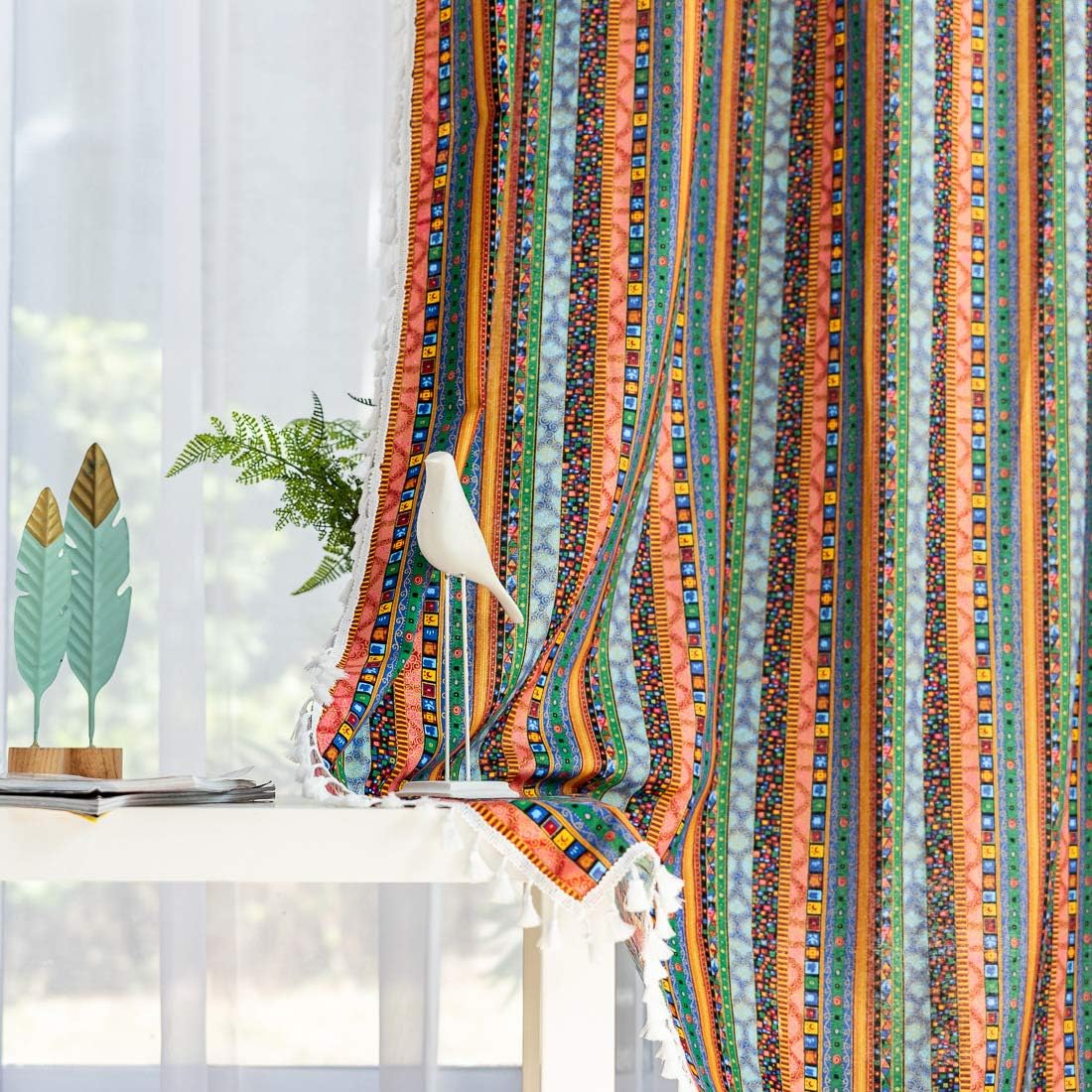 vctops Bohemian Striped Curtains with Tassel Cotton Linen Room Darkening Rod Pocket Window Drapes for Dining Living Bedroom (Stripe B, 59"x63")