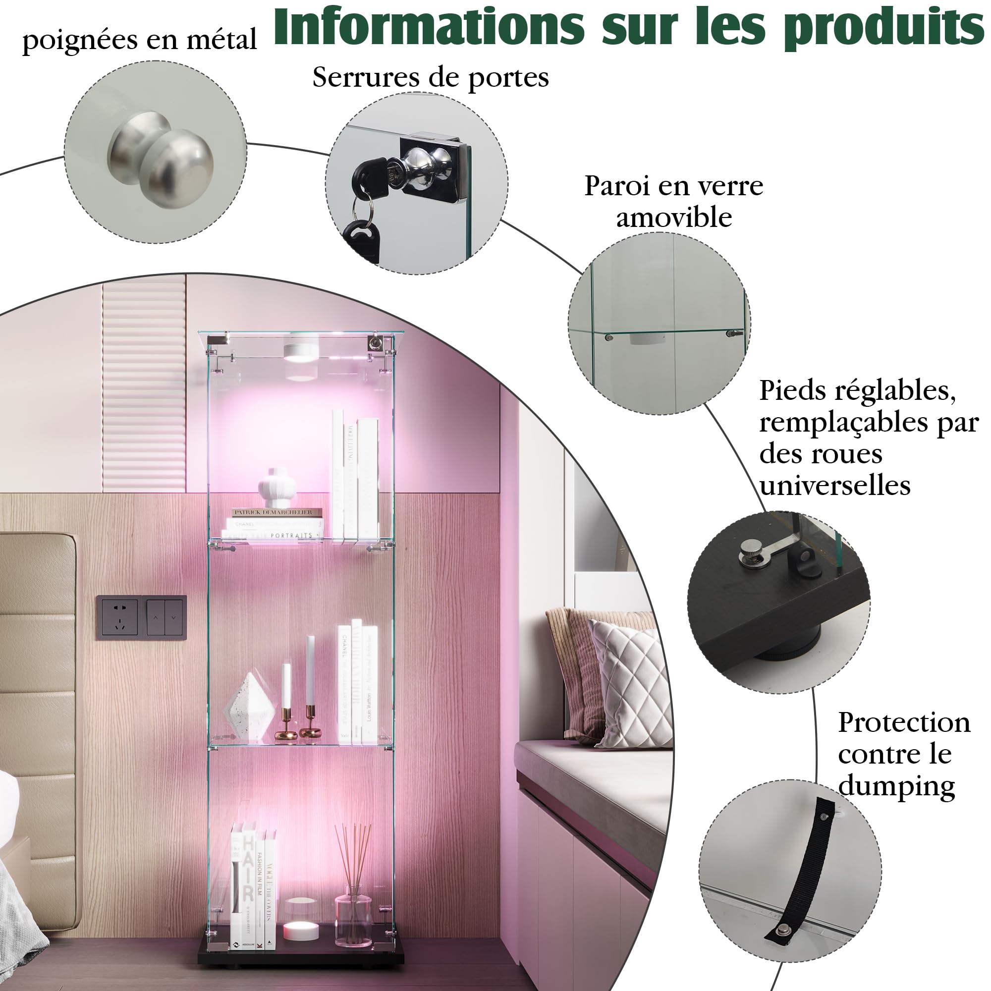 Vitrina de cristal con luces LED moderna, armario de 3 estantes y puerta, pared para colección, dormitorio, salón y comedor, 123 x 40 x 35 cm, color negro