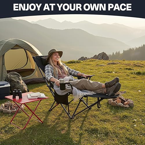 Miniatura 3 de Silla de camping reclinable 2 en 1, silla de playa plegable portátil con reposapiés y respaldo ajustable, cómoda silla de césped para adultos