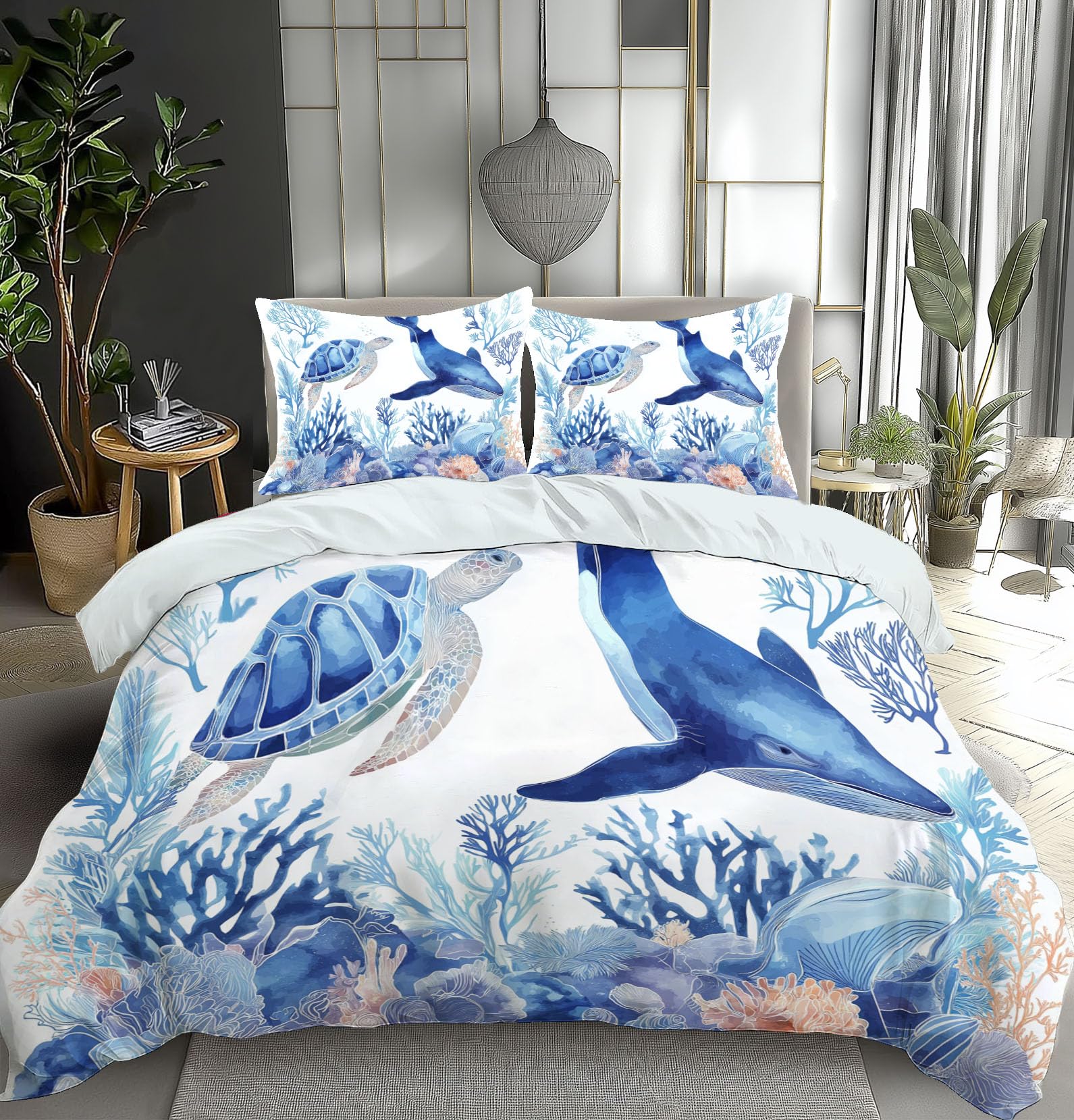 Housse de couette 2 personnes fermeture eclair motif ocean bleu