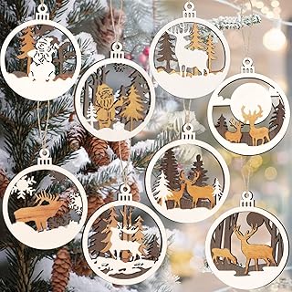 8 Pcs Christmas Wonderland Ornaments Christmas Wooden Ornaments Winter Farmhouse Rustic Decorations for Xmas Tree Vintage Hanging Hollow Woodland Reindeer Snowflake Decor for Xmas Holiday
