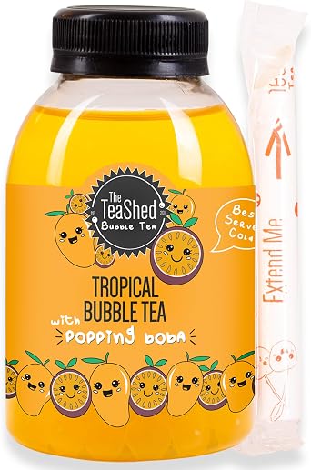 The TeaShed Ready to Drink Tropical Bubble Tea, Mango Iced Tea with Passion Fruit Popping Boba, 250ml Bottle with Extendable Straw