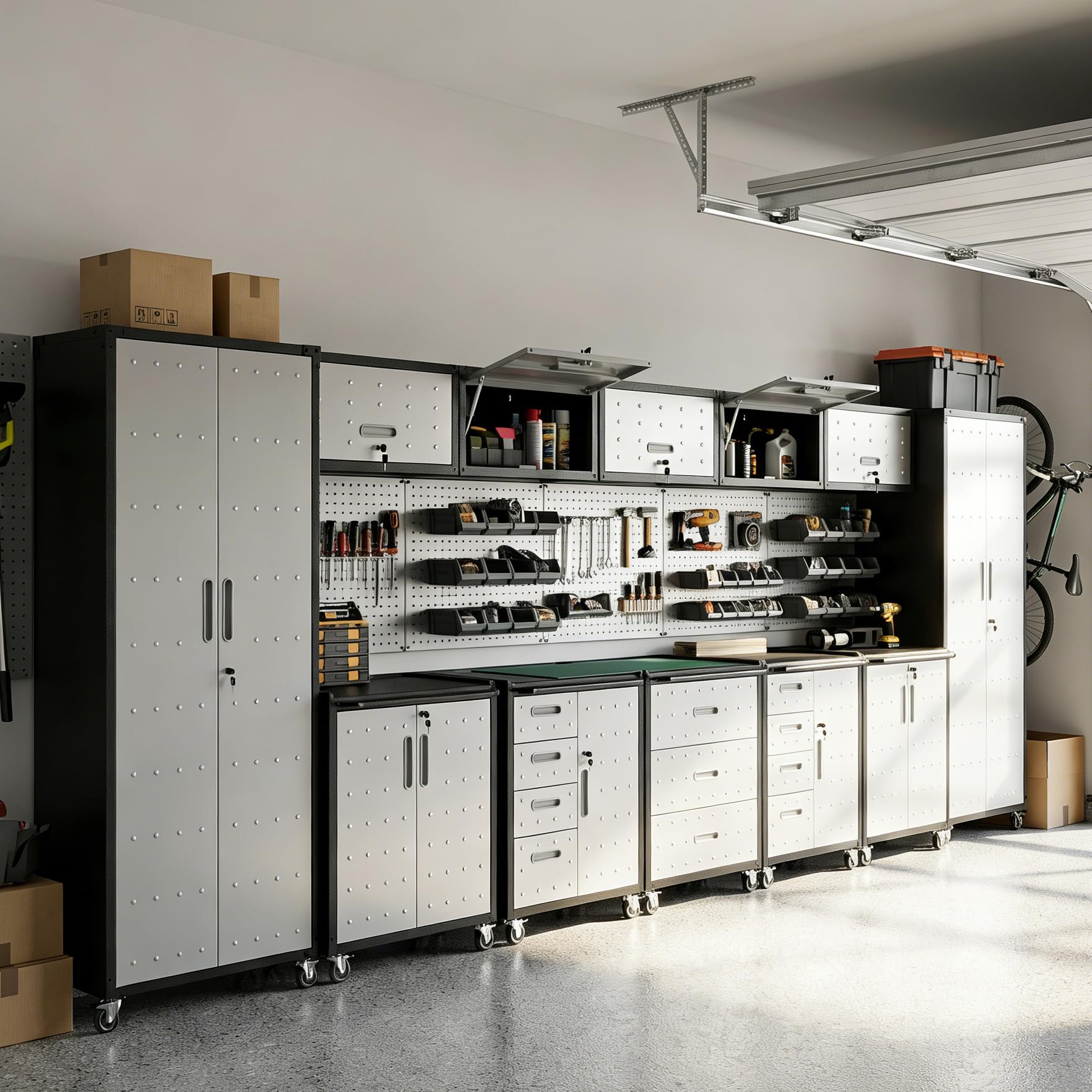 12-Piece Heavy Duty Steel Garage Cabinet System | All-in-One Modular Garage Cabinet Set for Ultimate Workshop Organization | Easy Assembly Garage Storage Cabinets &amp; Tool Bench