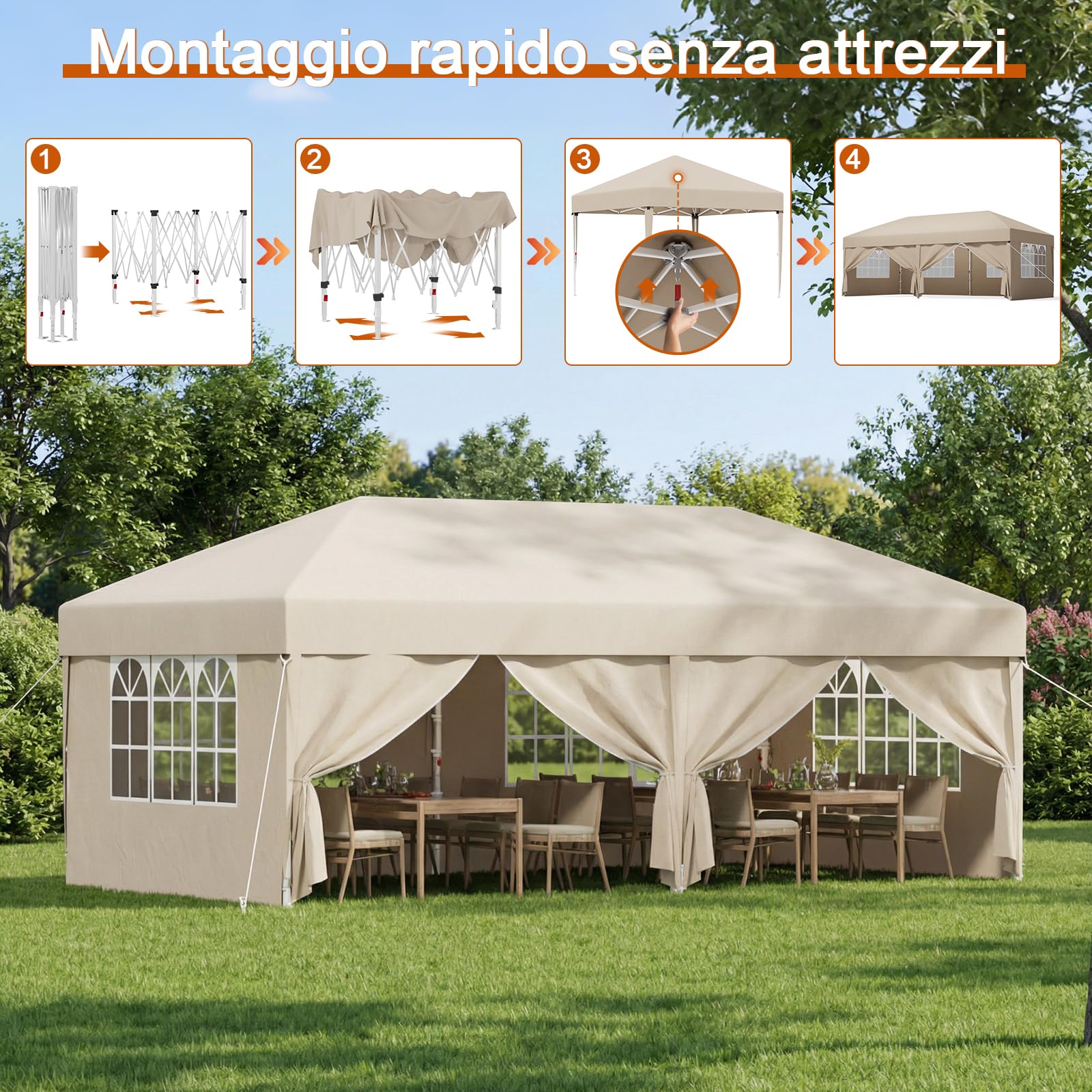 Devoko Gazebo 3x6 Pieghevole Impermeabile, Tenda Pop Up Pieghevole con 6 Pareti Rimovibili, Gazebo Pieghevole con 3 Altezze Regolabili Protezione UV 50+ per Giardino, Terrazza, Campeggio (Beige)