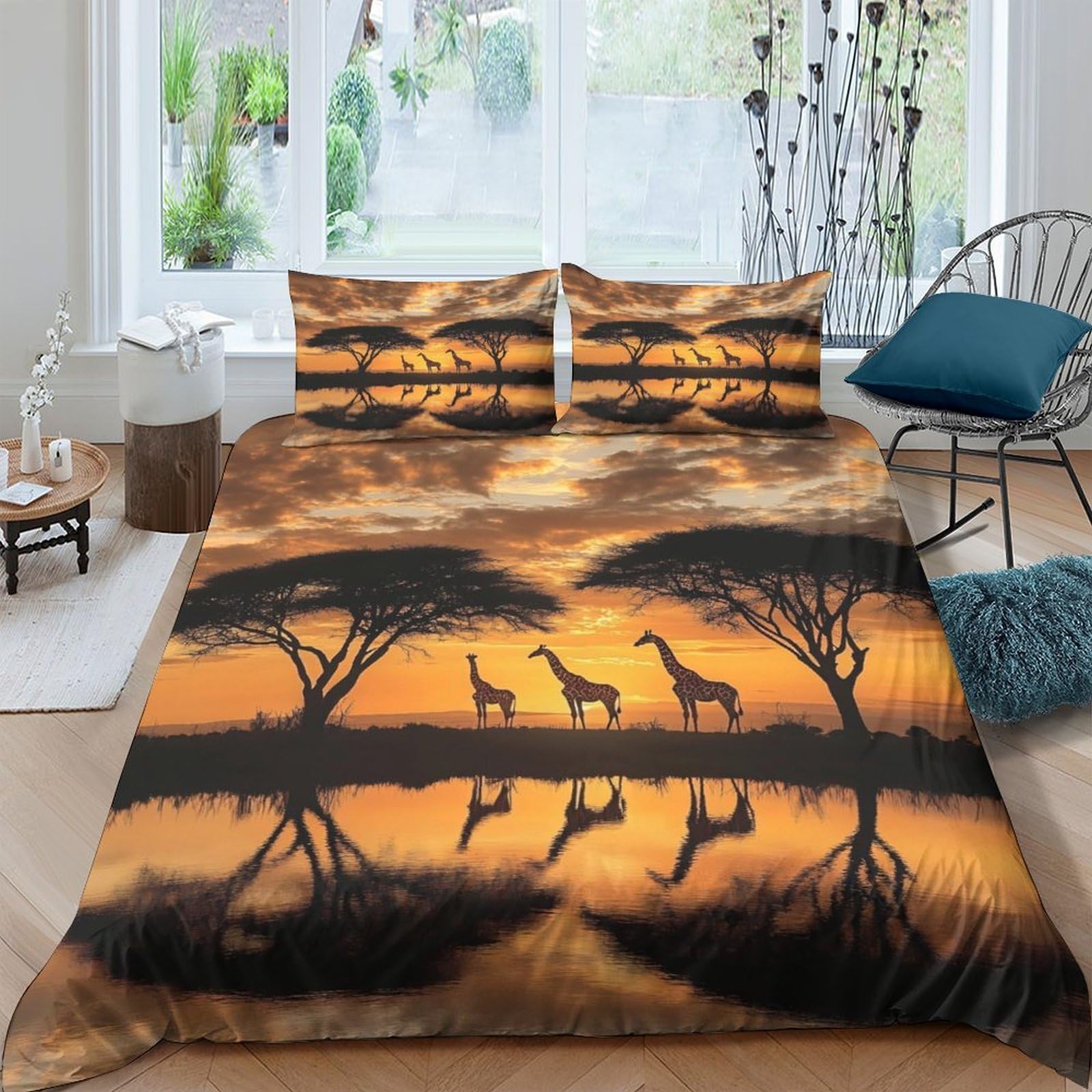 Ctjqhvkz Style-2 3D Printed African Sunset Fitted Sheet Microfiber Soft Giraffe Reflection Mattress Cover For Bedroom Decor Single（135X200cm）