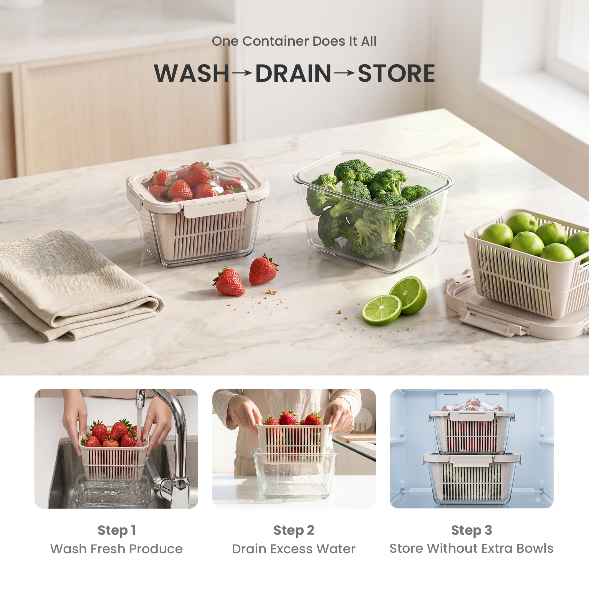 GENICOOK Glas Frischhaltdosen Vorratsdosen Set, Obst & Gemüse Aufbewahrung mit Deckel, luftdicht, Kühlschrank Organizer, BPA-frei,2,4L(Glasdeckel mit & Belüftung) &1,8L(Silikondeckeln) Glasbehälter