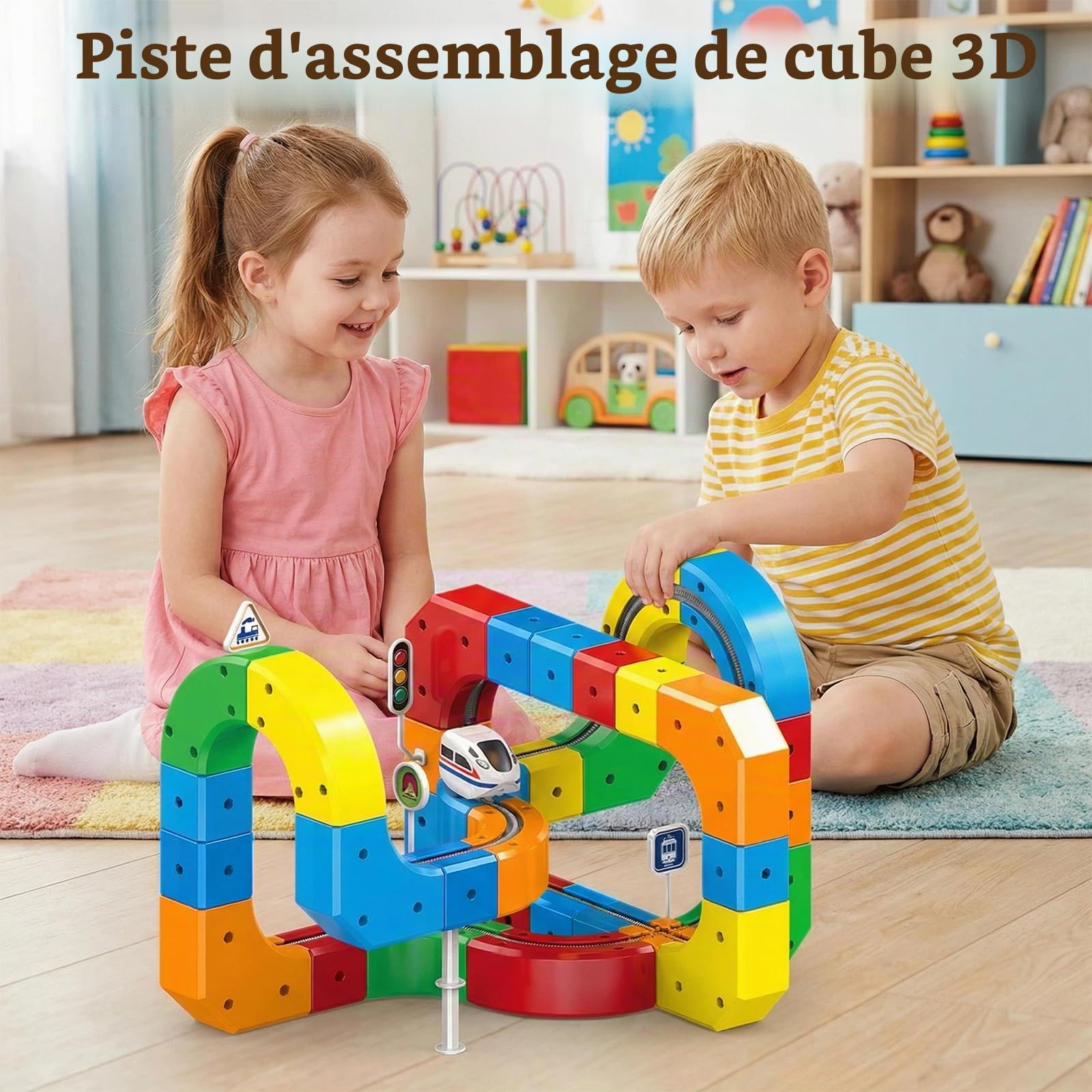 123 PCS Ensemble de train électrique,3D Cube De Rail Magique avec Train Motorisé Défiant La Gravité,Jouet De Construction d'apprentissage Flexible,Cadeau Créatif Circuit Trains électrique pour Enfants
