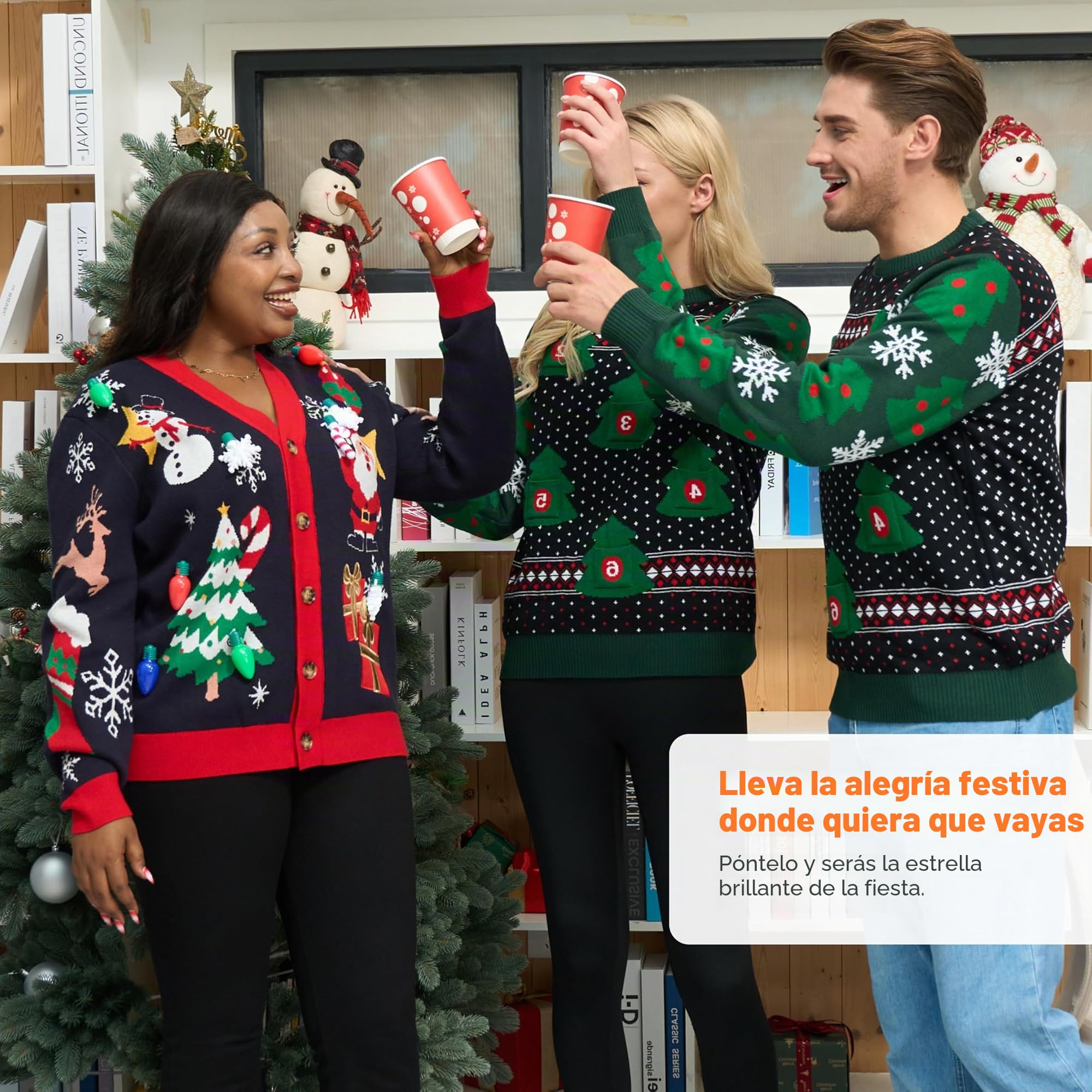 Giggling Getup - Cárdigan Feo para Mujer, suéter de Reno con luz navideña