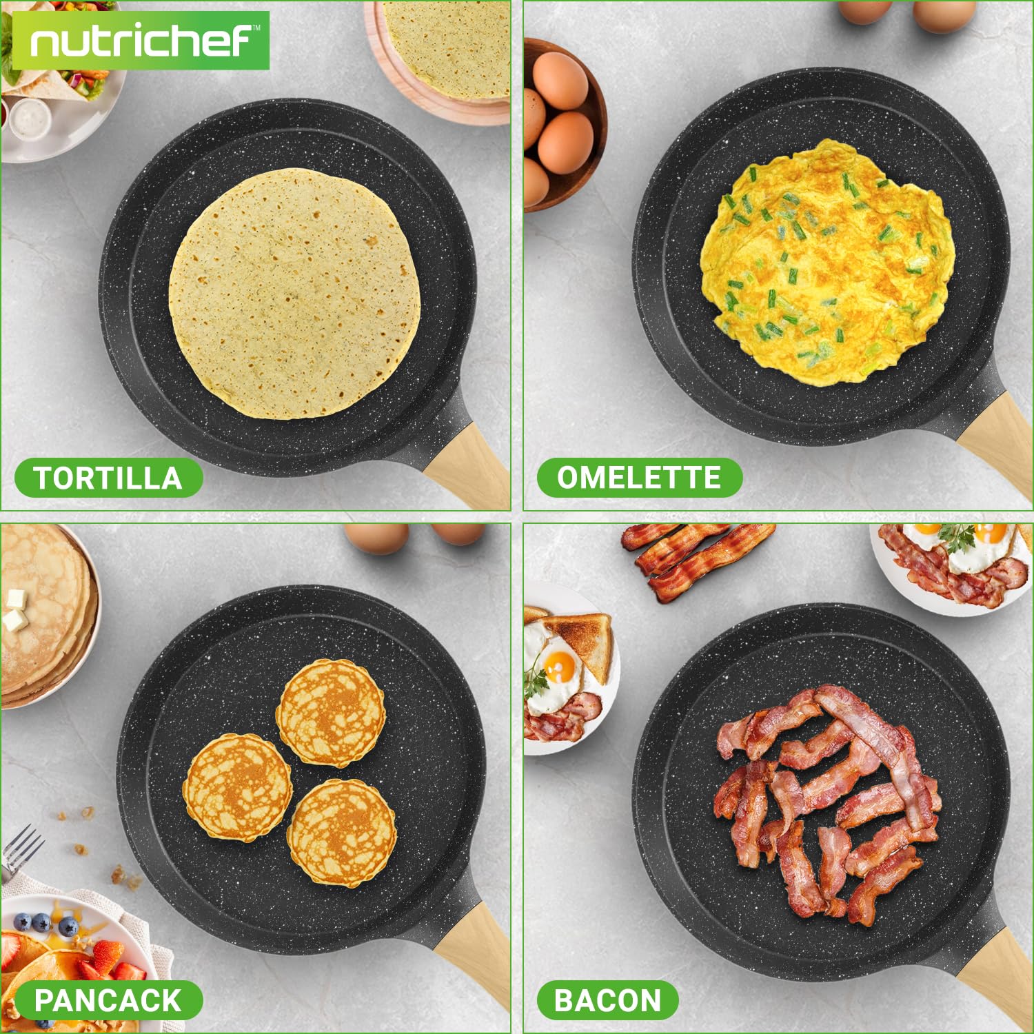 NutriChef Padella per Crepes, Crepiera Antiaderente 28 cm con Spatola in Legno, Rivestimento Marmo, Manico Ergonomico, Fondo Induzione, Ideale anche per Pancake, Bacon e Uova