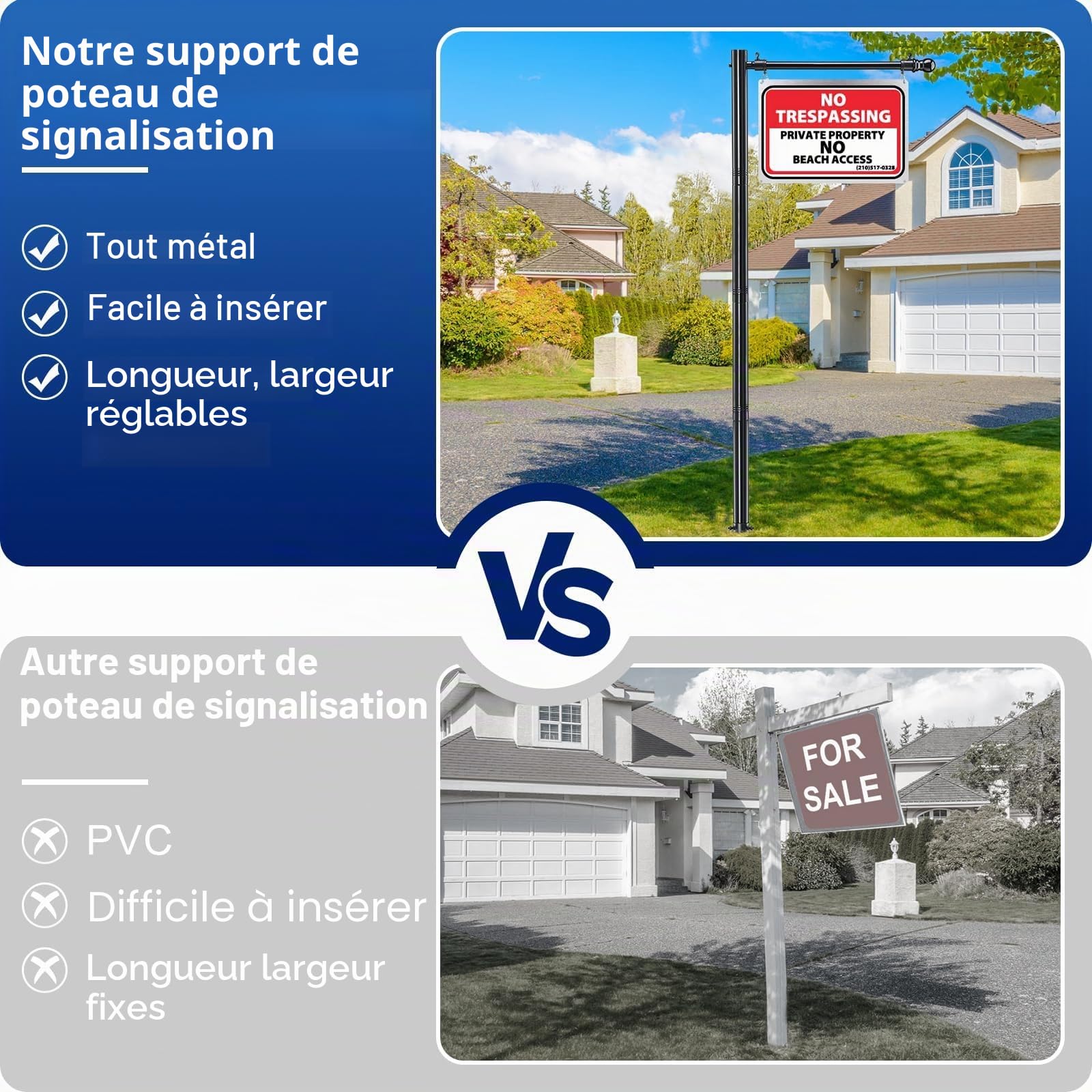 Poteaux de signalisation en métal de 210 cm de haut pour accrocher des panneaux de vente à la ferme 60 cm, support pour panneau commercial hors de la cour, pas de signe