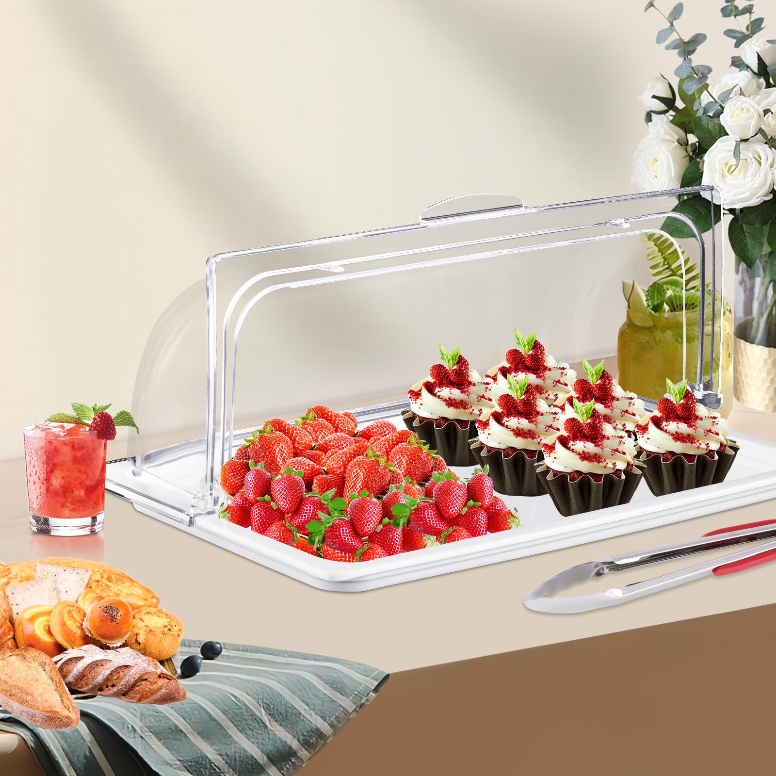 BAOSHISHAN Vetrina per buffet 42 × 28 × 20 cm Vassoio per alimenti con coperchio ribaltabile su un solo lato per l'esposizione degli alimenti