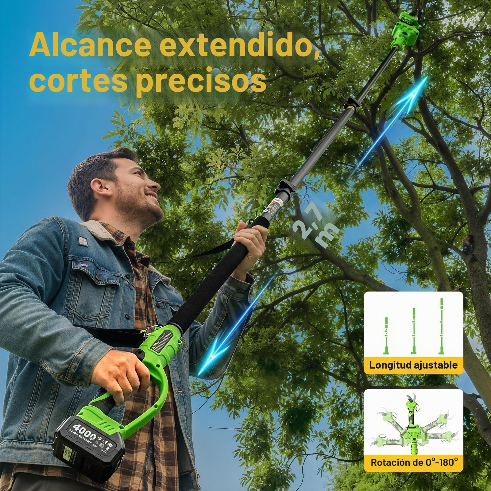 TaskStar Tijeras de Podar Eléctricas Inalámbricas 2 en 1: Diámetro de Corte 40mm Podadora de Poste Sin Escobillas – 2 Baterías de 4000mAh, Hoja SK5 de Repuesto, 4 Modos de Corte para Flores y Árboles