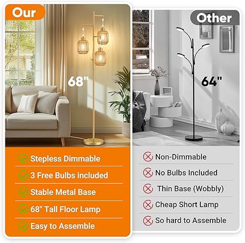 Miniatura 9 de ROTTOGOON Lámpara de pie bohemia regulable, lámpara de pie de ratán de 3 luces para sala de estar, lámparas de pie industriales con 3 bombillas LED