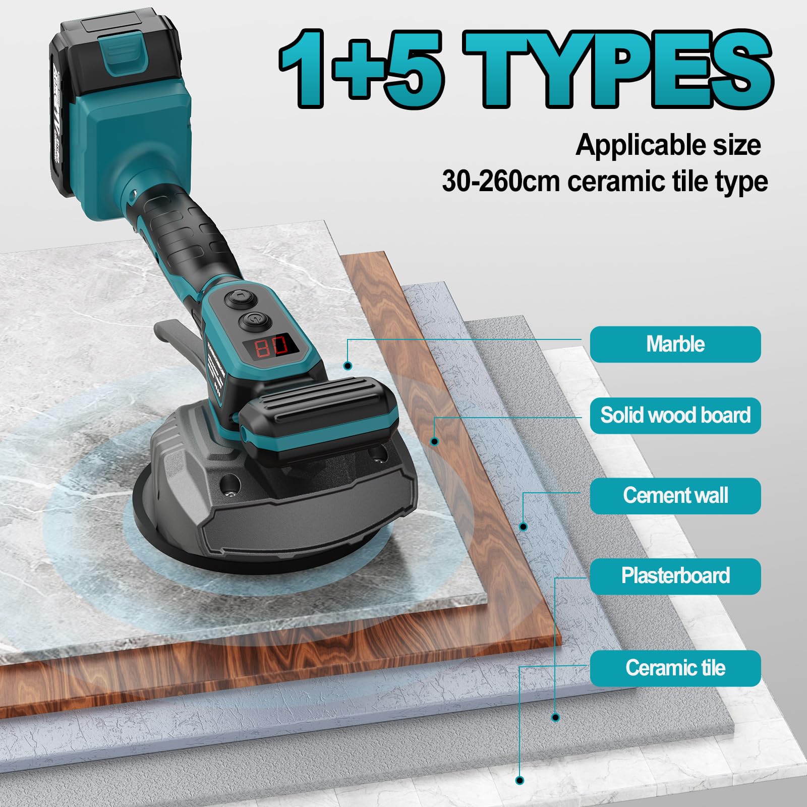Machine Vibrante Carrelage, machine de nivellement de coupe carrelage electrique With 2 Batteries, ventouse réglable à 8 vitesses avec affichage numérique, pour carrelage, sol, mur