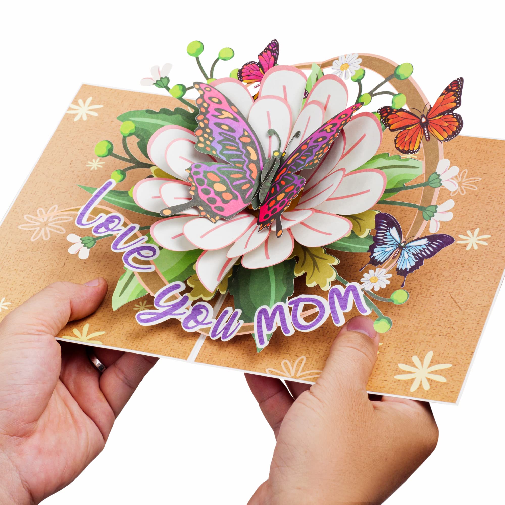Paper Love Frndly - Tarjeta 3D desplegable para el Día de la Madre, mariposas, texto “Love You Mom”, hecha a mano, 100 % reciclada y ecológica, 20 x 15 cm, con etiqueta para notas