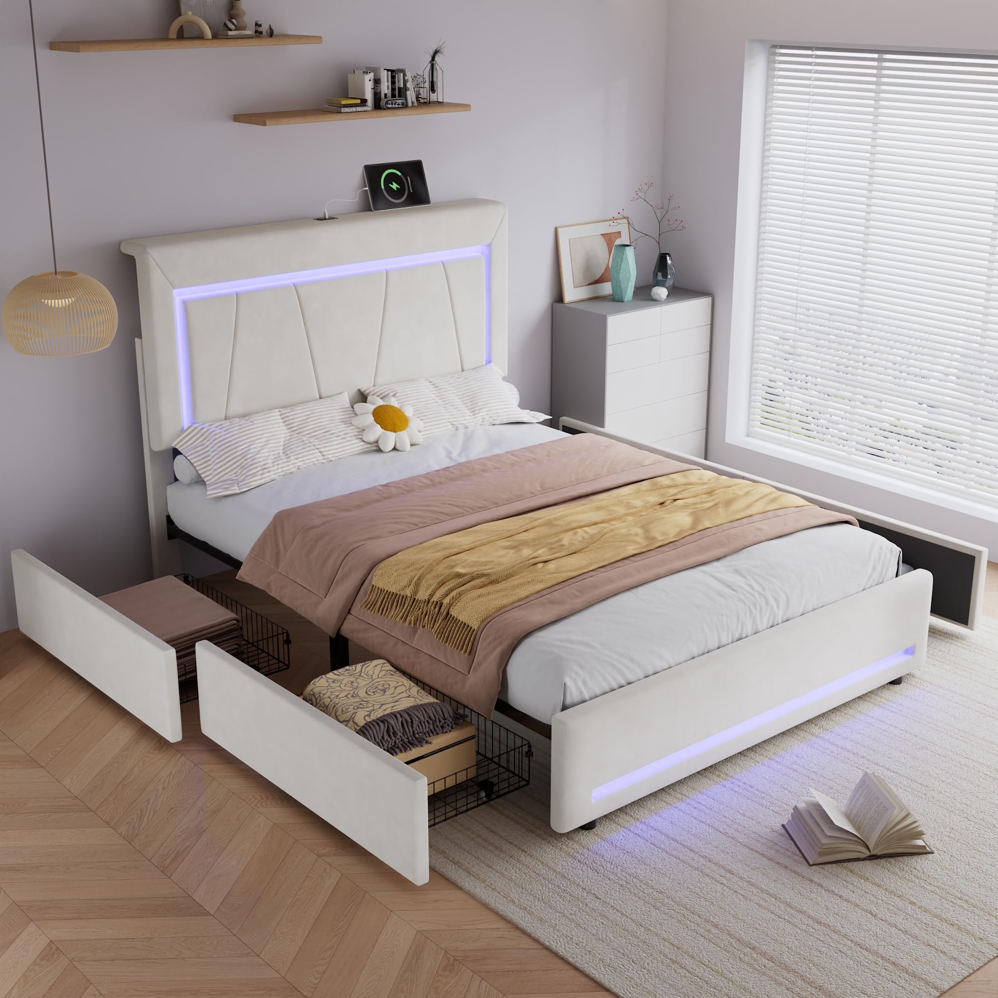 Merax 4FT6 Upholstered Storage Bed 135x190cm Velvet Beige-No Mattress โ image 1
