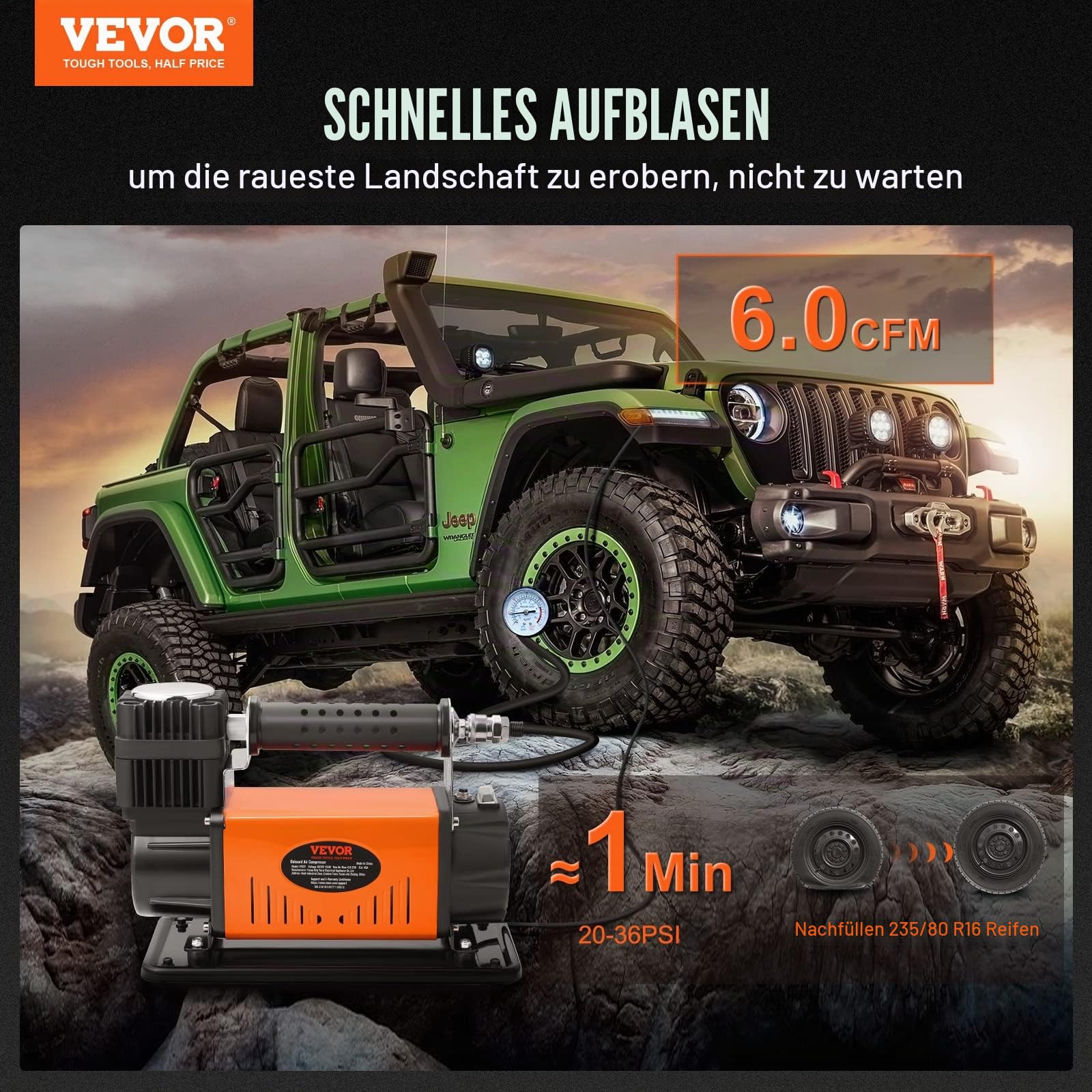 VEVOR 12V Auto-Kompressor 150PSI Luftkompressor 6CFM(170L/Min) Auto Reifenfüller mit Wärmeschutz Luftpumpe inkl. 3m Netzkabel und 6m Luftschlauch Ideal für LKW SUV RV Schlauchboote usw.