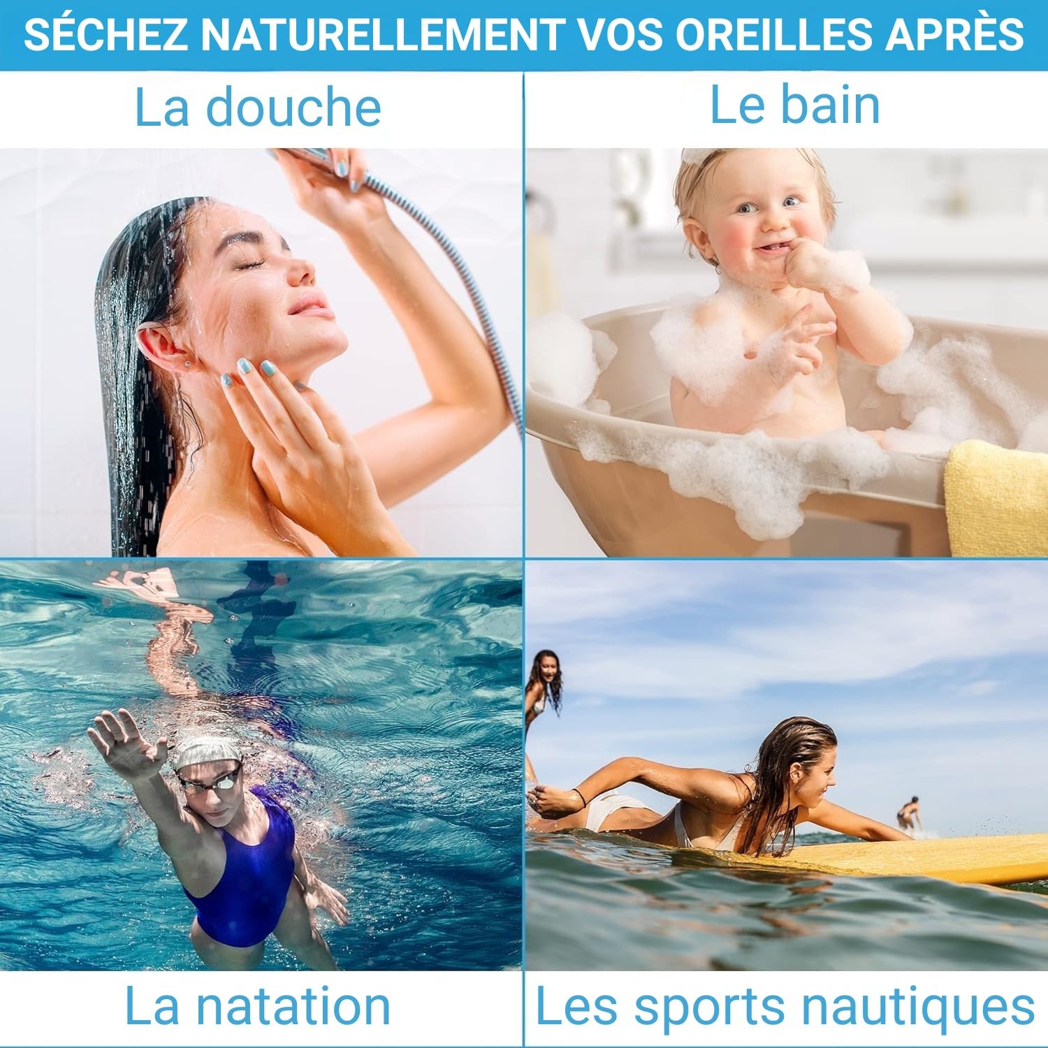 Tilcare Sèche-Oreilles Électrique Rechargeable pour Natation, Douche et Aides Auditives avec 3 Embouts et Pochette