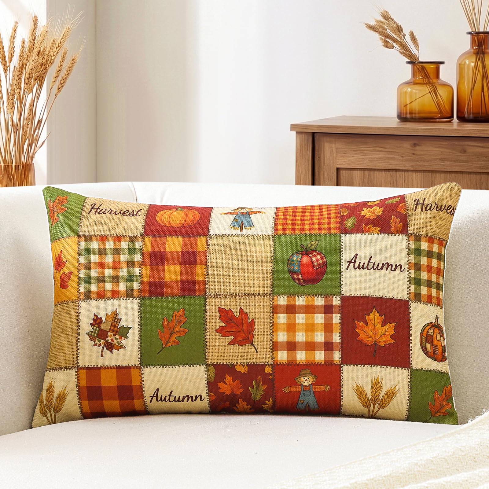 Artscope Fall Cushion Cover 40x60cm, Set of 1 Plaid Scarecrow Maple Leaf Apple Wheat Ears Pillowcase Autumn Thanksgiving Pillow Cover for Sofa Living Room Holiday Party Fall Decor