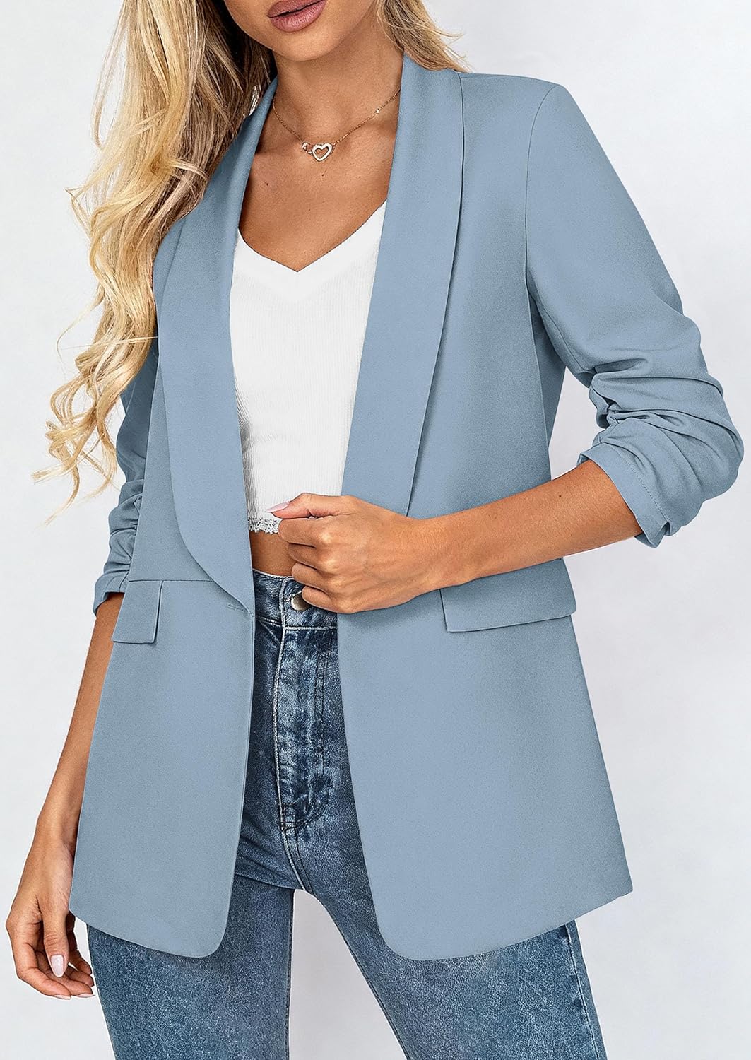 PRETTYGARDEN Women's 2026 Spring Blazers Business Casual Outfits Open Front Ruched 3/4 Sleeve Lightweight Work Suits Jackets