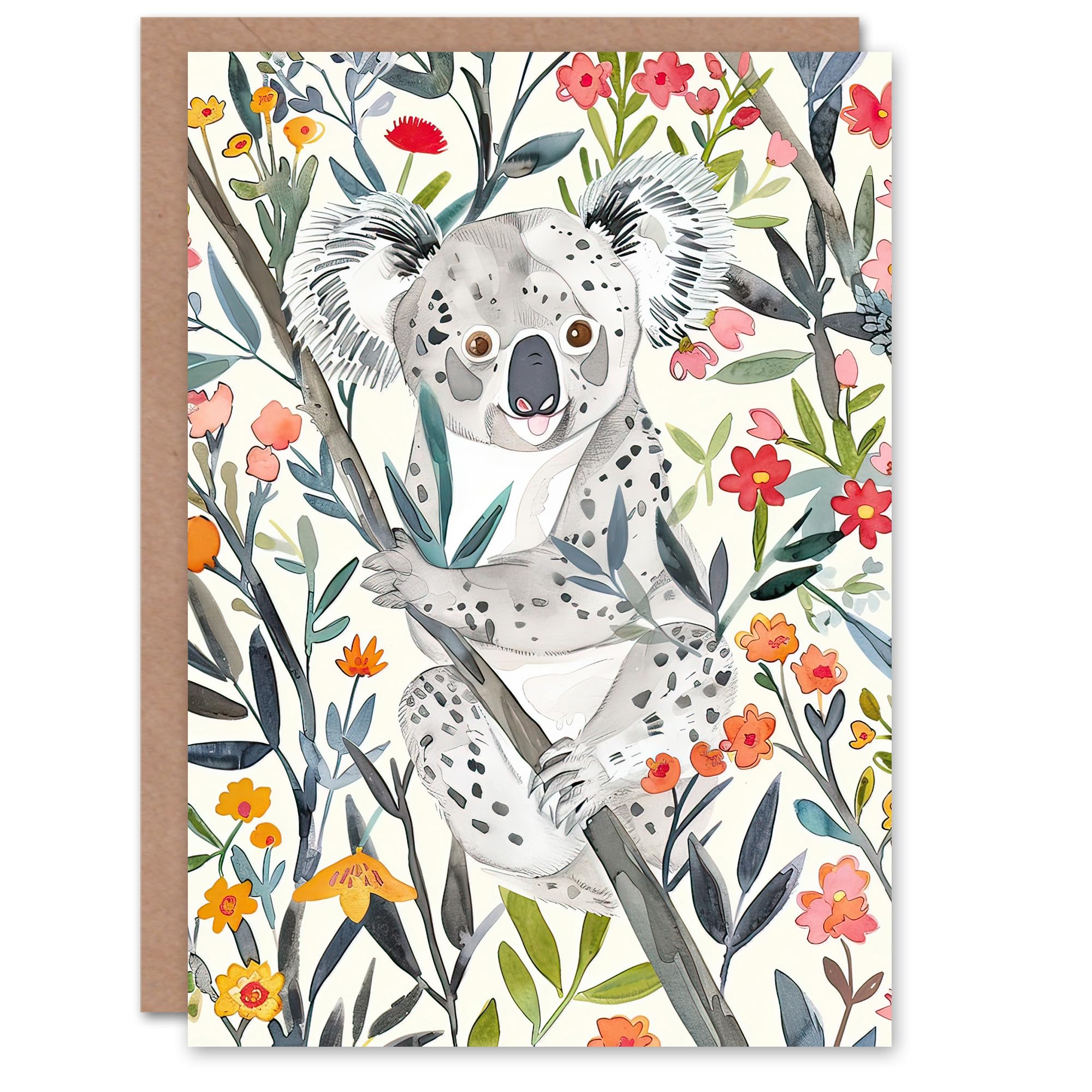 Artery8 Greeting Card Happy Koala Bear on Blooming Tree Watercolour For Her Woman Birthday Card