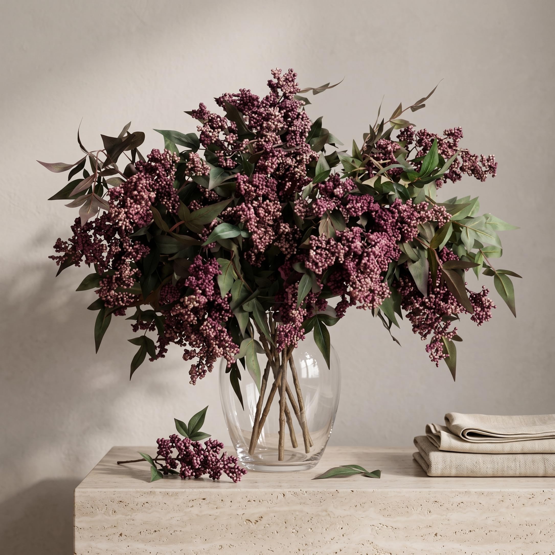 Flores Artificiales para florero, 5 Tallos de Bayas Artificiales, Morado Claro, 17, 7 Pulgadas