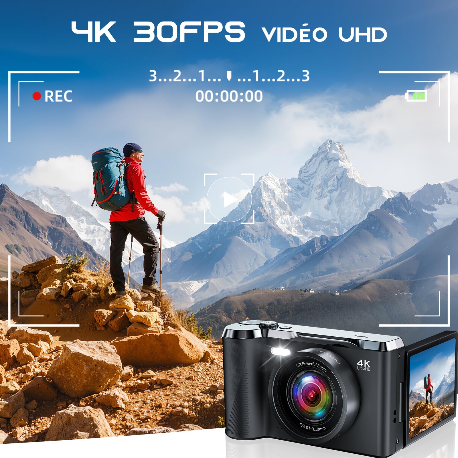 Appareil Photo NuméRique, JDZ Appareil Photo Compact 4K HD, Zoom 16X, Built in 32 Go Carte SD, Camera Digital pour Garçons et Filles, Adolescents, Débutants Adultes (Noir Profond)