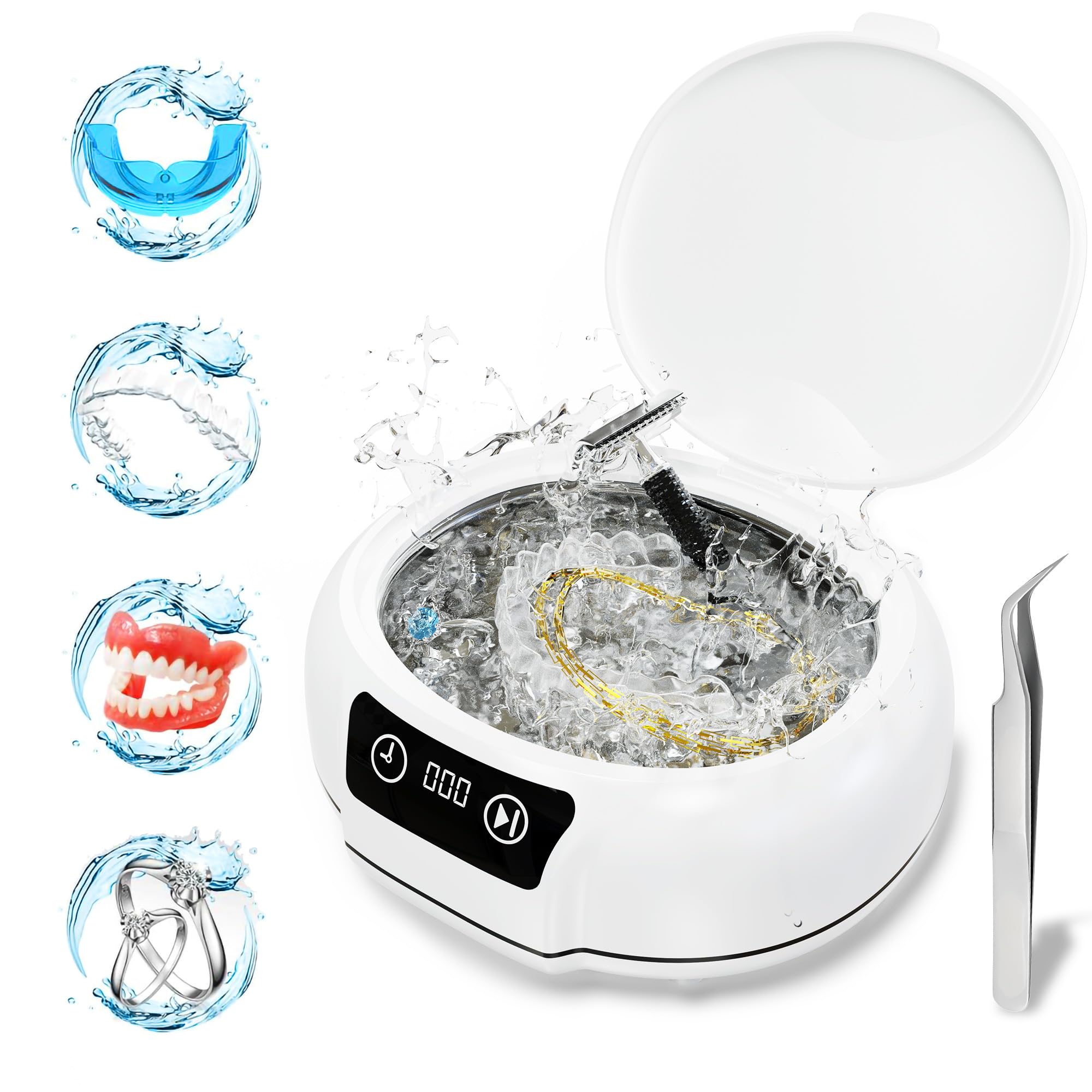 Pulitore ad ultrasuoni a ultrasuoni, 48 kHz, 700 ml, portatile, per apparecchi acustici, paradenti, allineatori, spazzolini da denti, occhiali, gioielli (bianco)
