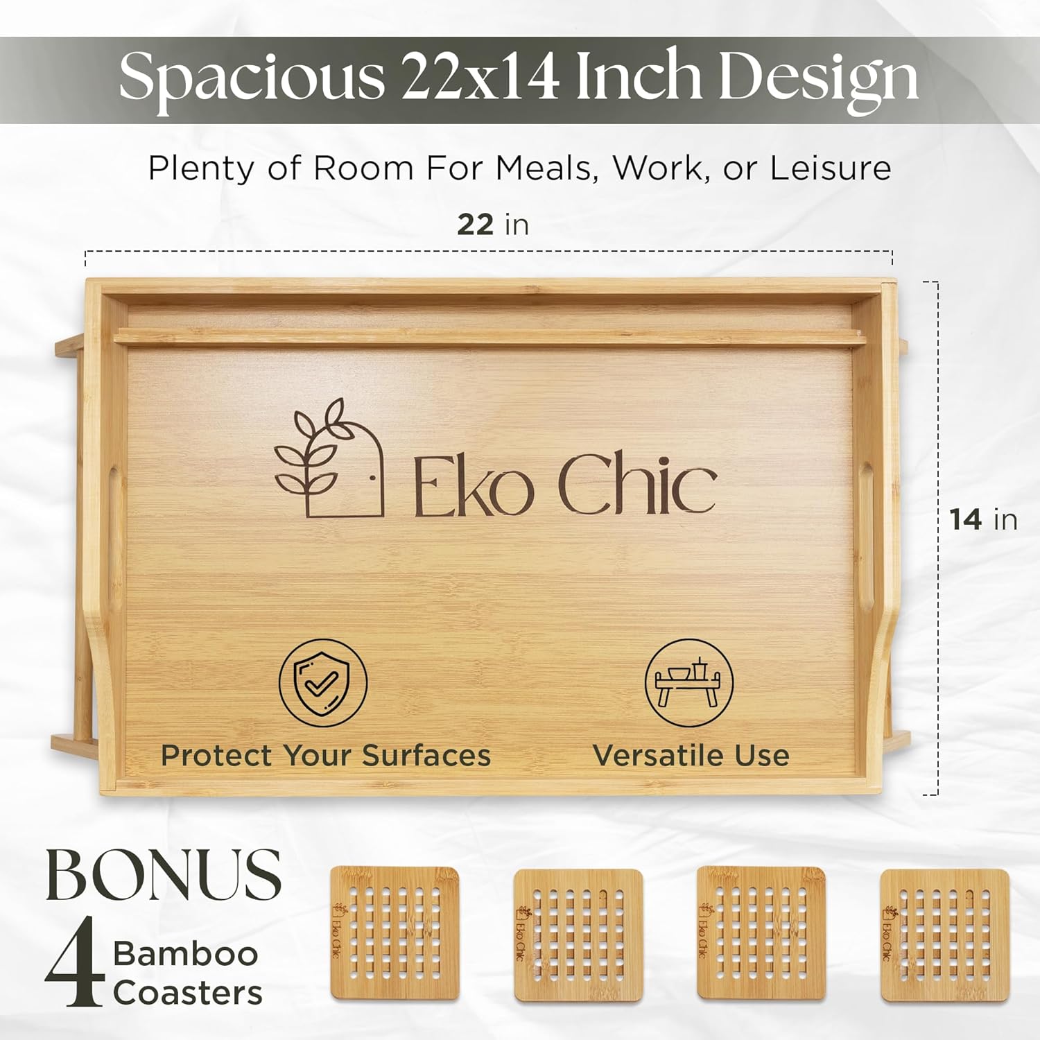EKOCHIC Table with Foldable Legs & Coasters | Large Bamboo Table for Eating Breakfast Also Laptop - Durable & Stylish Wooden Lap Table for Bedroom, Easy to Clean Food Tray for Bed & Couch
