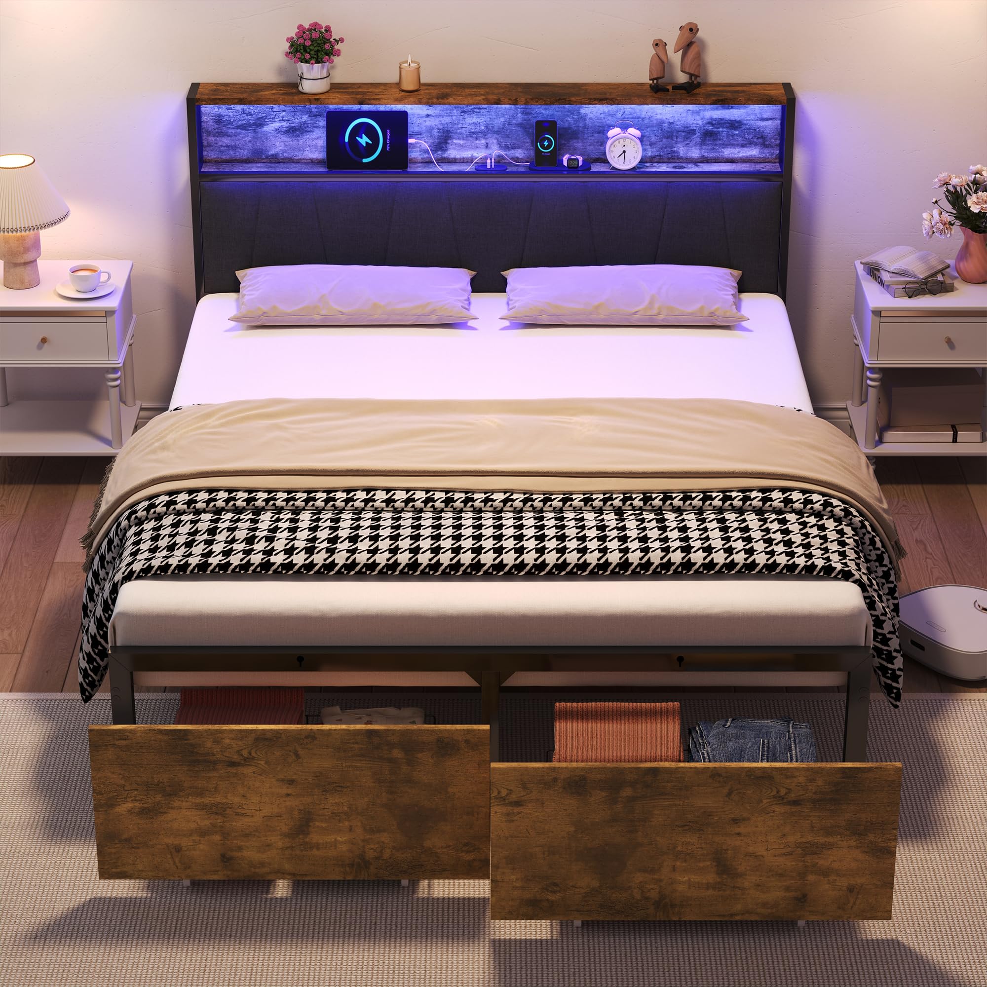 Merax 4FT6 Double Bed Frame with Storage, With 2 drawers, RGB LED Storage Headboard with Charging Station, Metal Platform Bed Frame, No Box Spring Needed, Black+Walnut (No Mattress) โ image 1