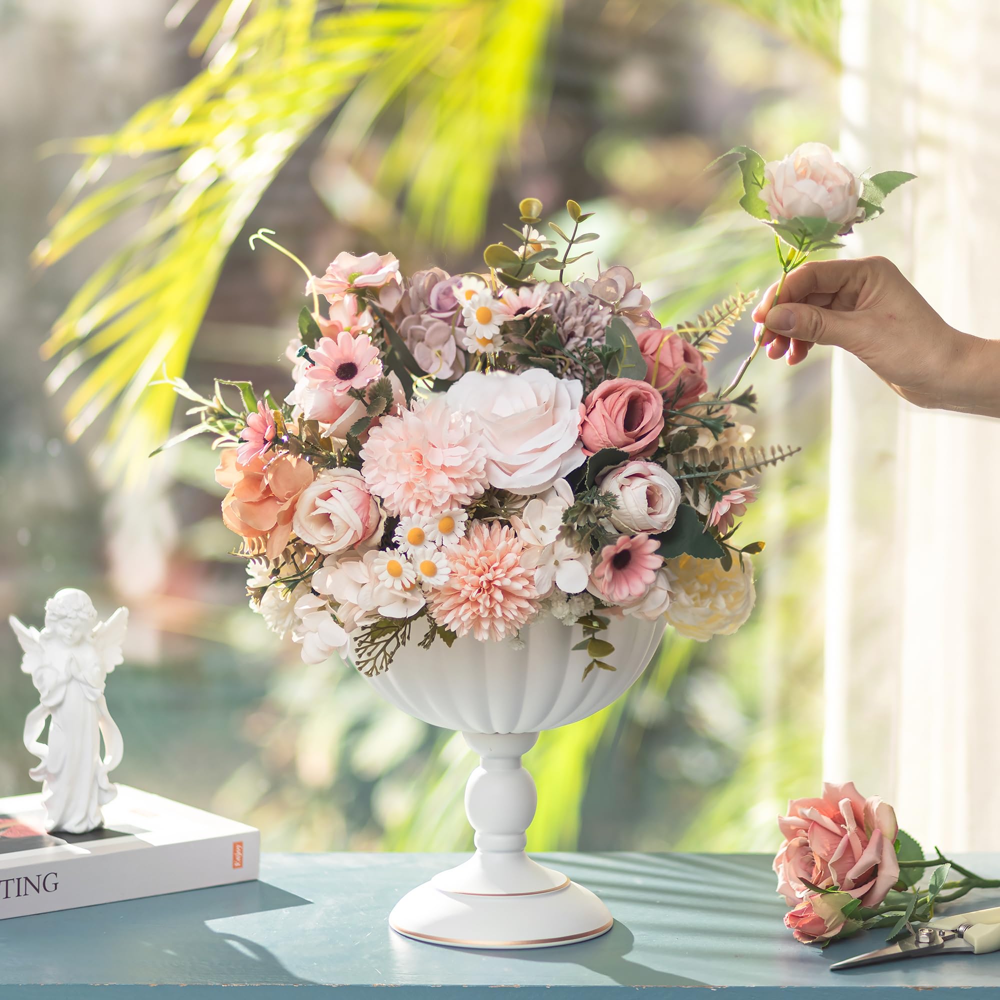 Sziqiqi Metall Weiß Urn Vasen Hochzeit: Vase Hoch für Tischdeko 10Stk | Dick, ⌀20cm/ H20cm/ T8cm, Hohe Sockel, Weite Öffnung für Kunstblume, Vintage, Hochzeitdeko, Taufe, Esstisch, Party, Landhaus