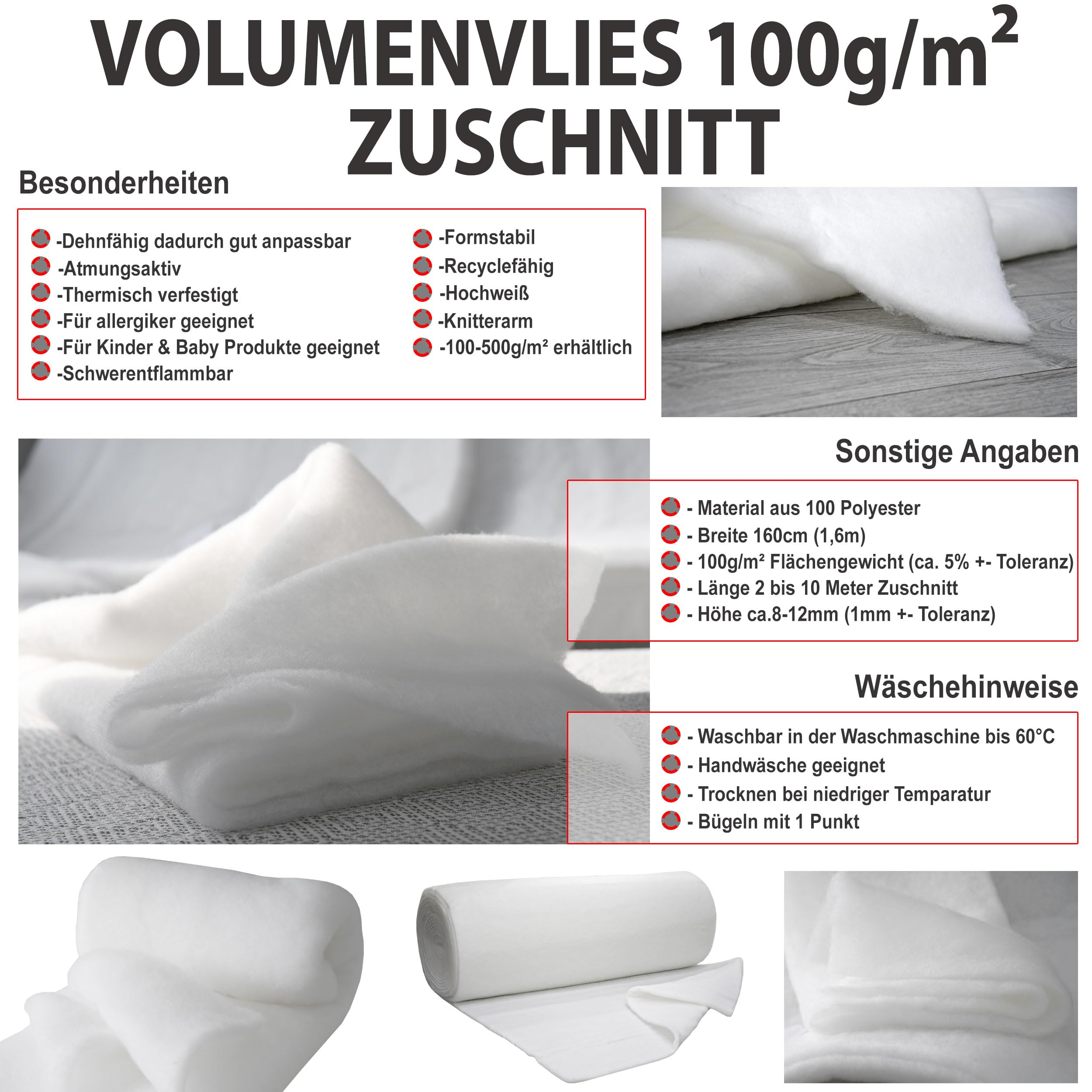 Volumenvlies Meterware 10m Länge 1cm Dicke 160cm Breite QUILT 100g/m² Polstervlies 10mm Höhe Waschbar Watte Polsterwatte Diolenwatte Vlieswatte Füllung Kissen Decke Sofa Polsterung