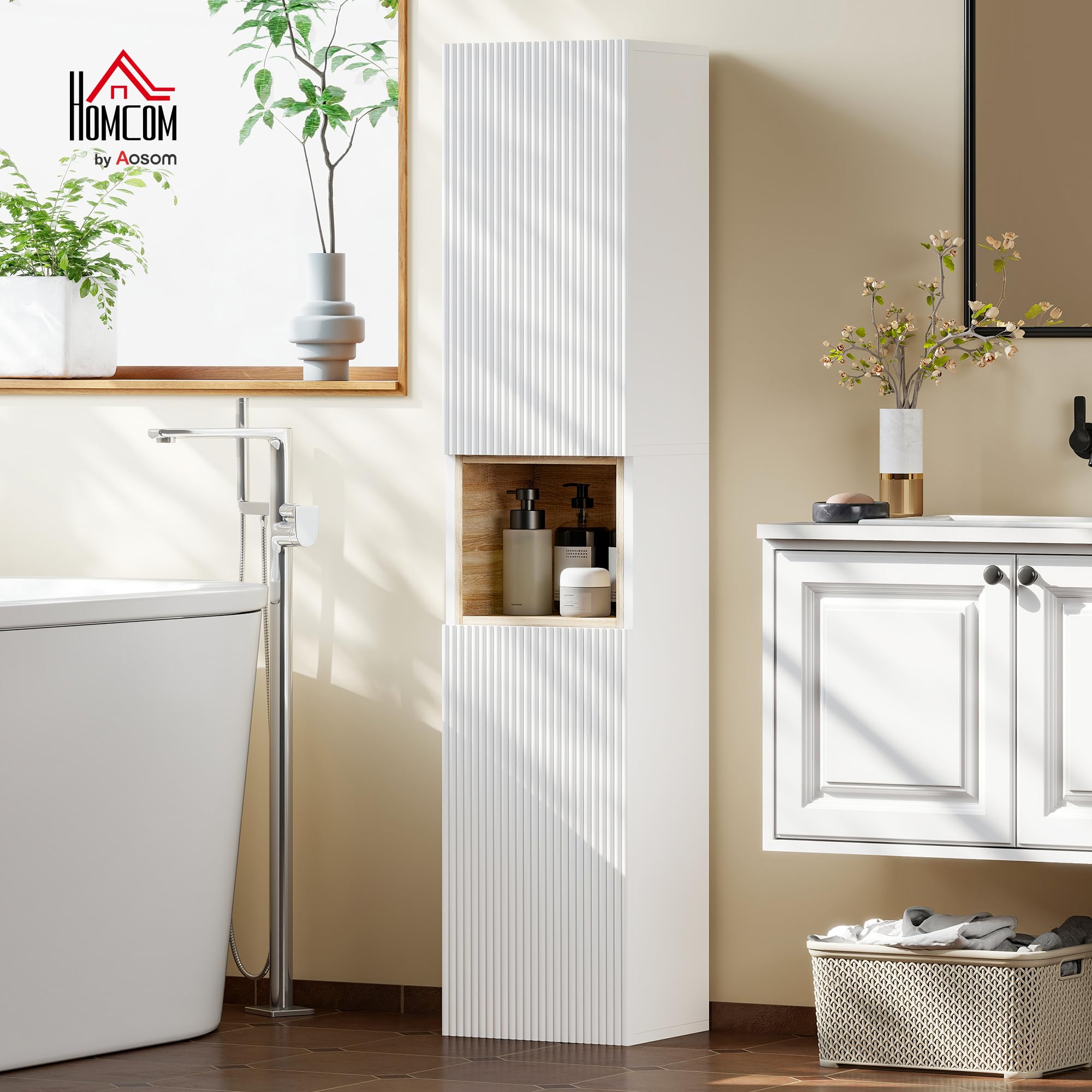 HOMCOM Colonna Bagno con 2 Armadietti e Ripiano Aperto, Mobile Bagno con Ripiani Regolabili su 3 Livelli per Soggiorno, 30x24x140 cm, Bianco e color Legno