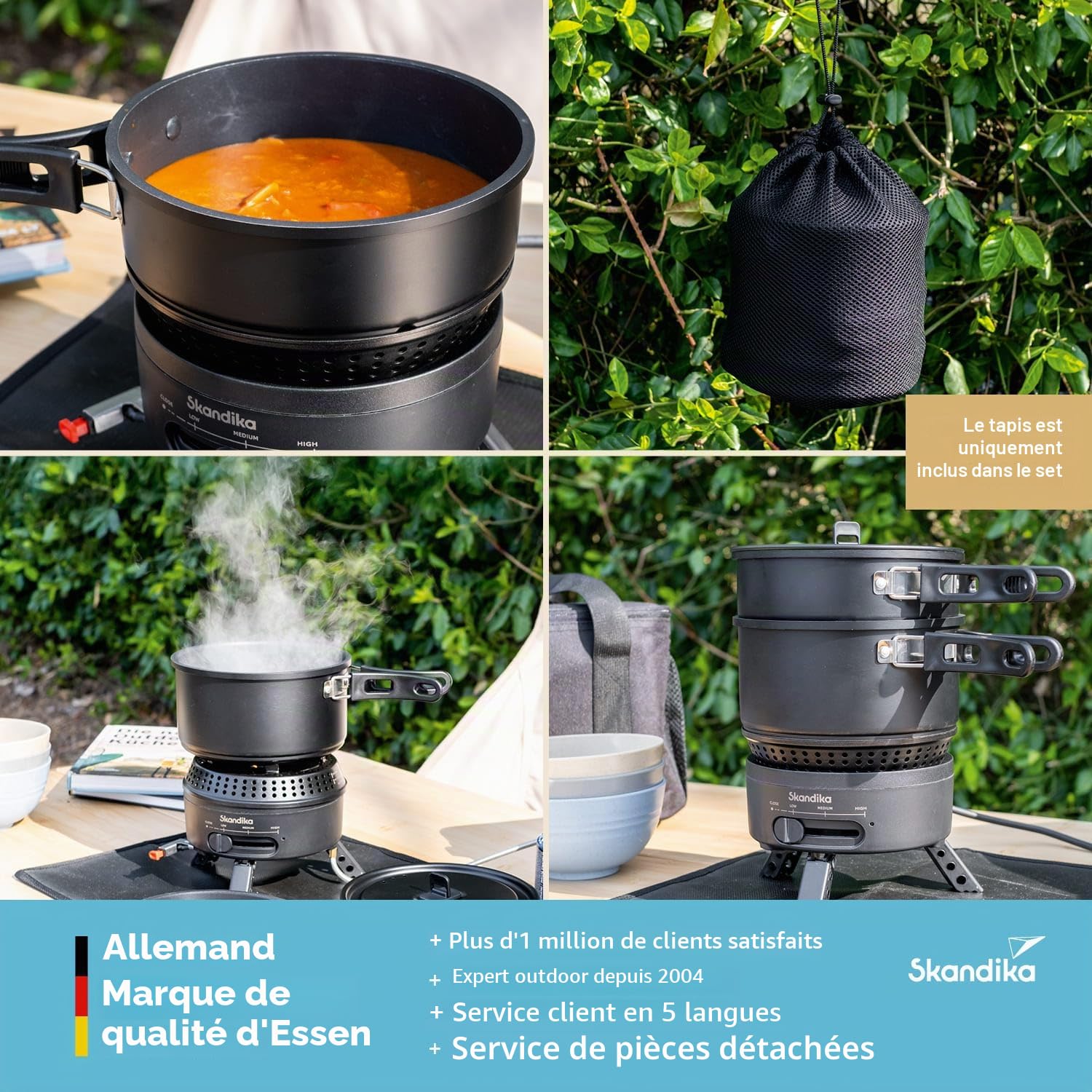 Skandika Réchaud de camping Rask | Fonctionne à l'électricité ou au gaz, allumage piézoélectrique, set avec casserole, poêle, sac | Réchaud à gaz, électrique, plein air, portable