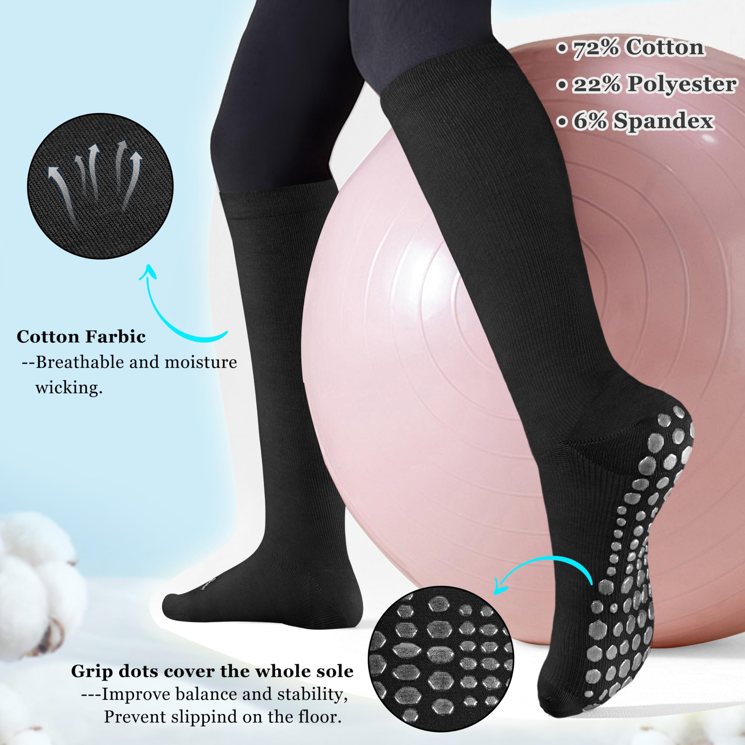 Blicount Cotton Compression Socks for Women&Men with Grips Non Slip 15-20 mmHg Knee High Graduated Hospital Sock for Nurse, Pregnancy, Travel, Yoga, Black