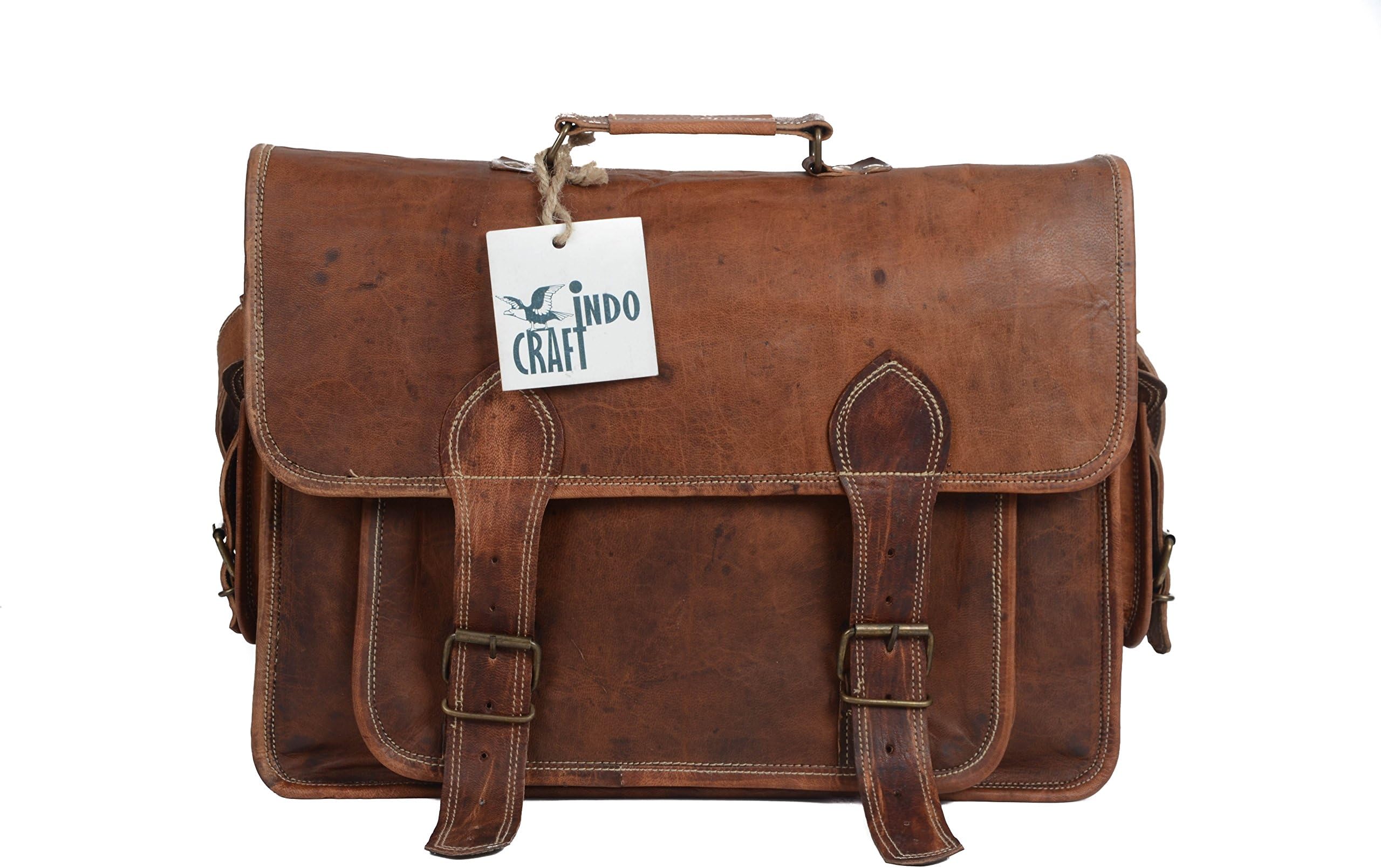 Genuine Leather 16" Laptop Messenger Briefcase Vintage Style School College Office Shoulder Bag/Travel Business Trip Bag by INDO CRAFT
